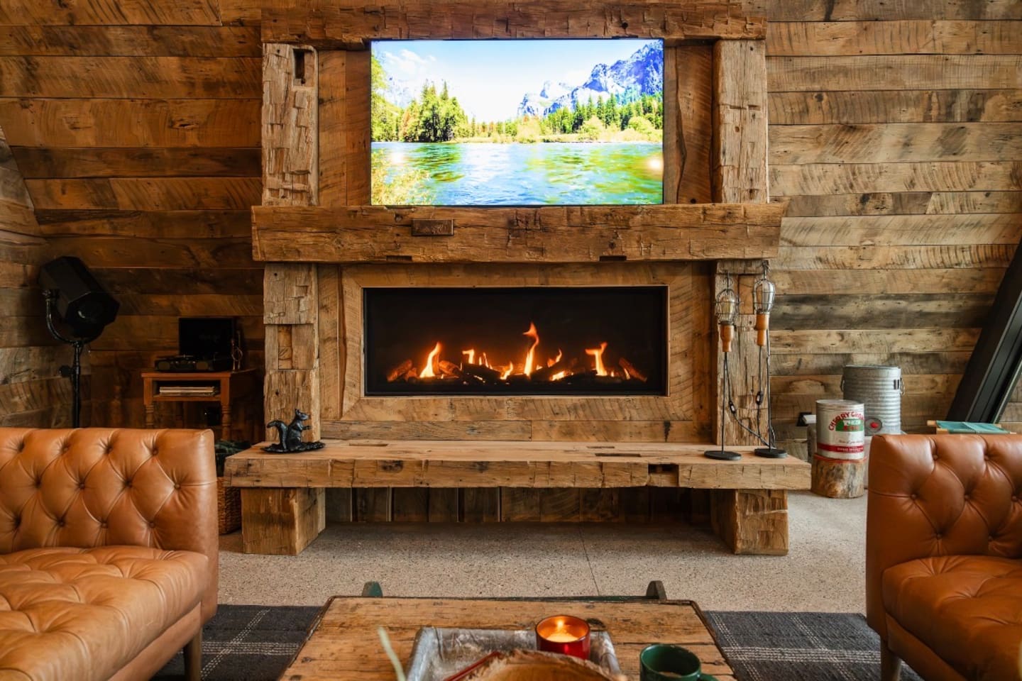 Gas fireplace with remote settings 
65” TV