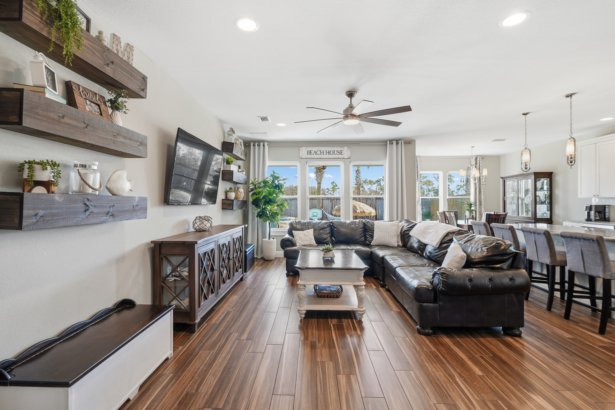 Bright open living area in a pet-friendly PCB vacation rental that sleeps up to 11.