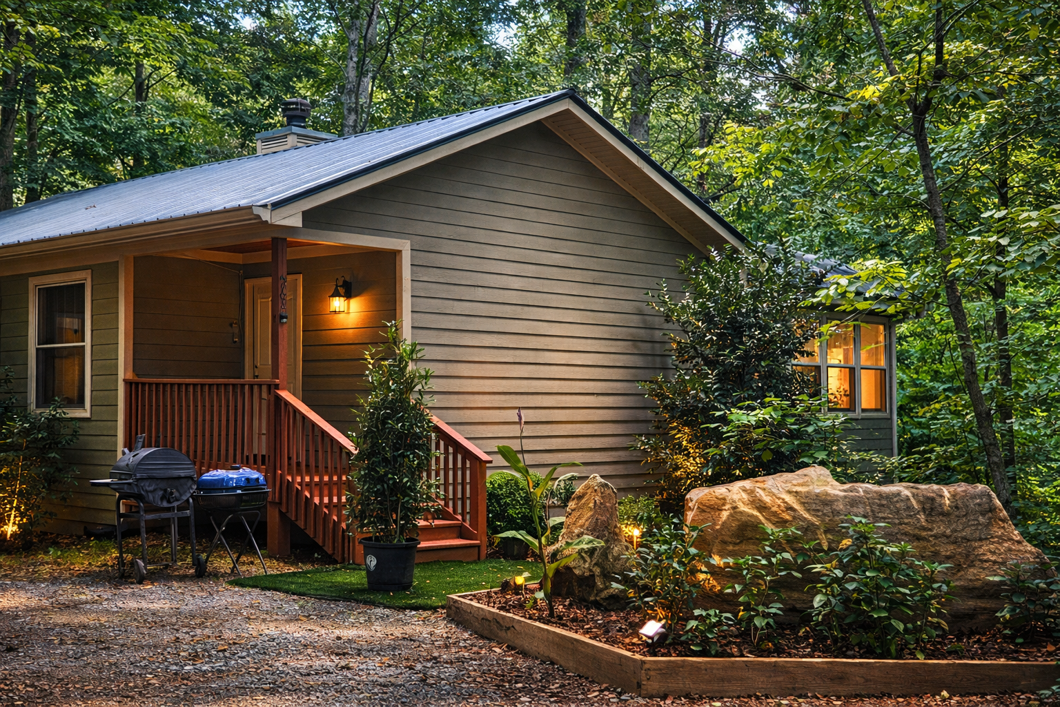 Your cozy forest escape—morning coffee on the porch, evenings under the trees, and total peace in every direction.