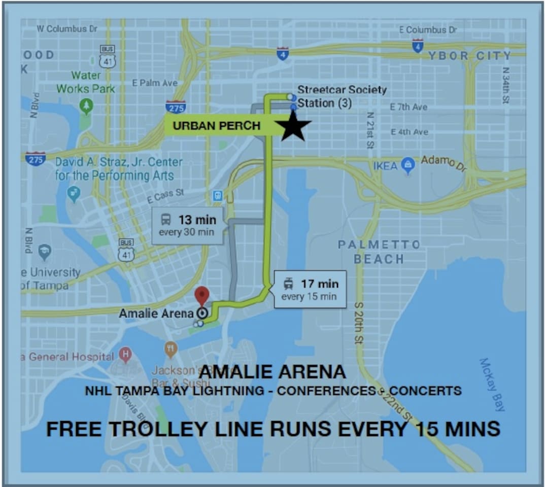 Free trolley to Amalie Arena and the convention center.  Bike and scooters rentals available across the street.