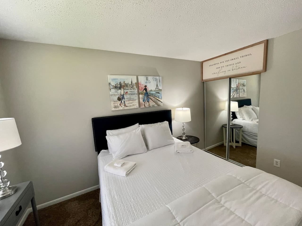 Bedroom 1, with queen size bed and memory foam mattress