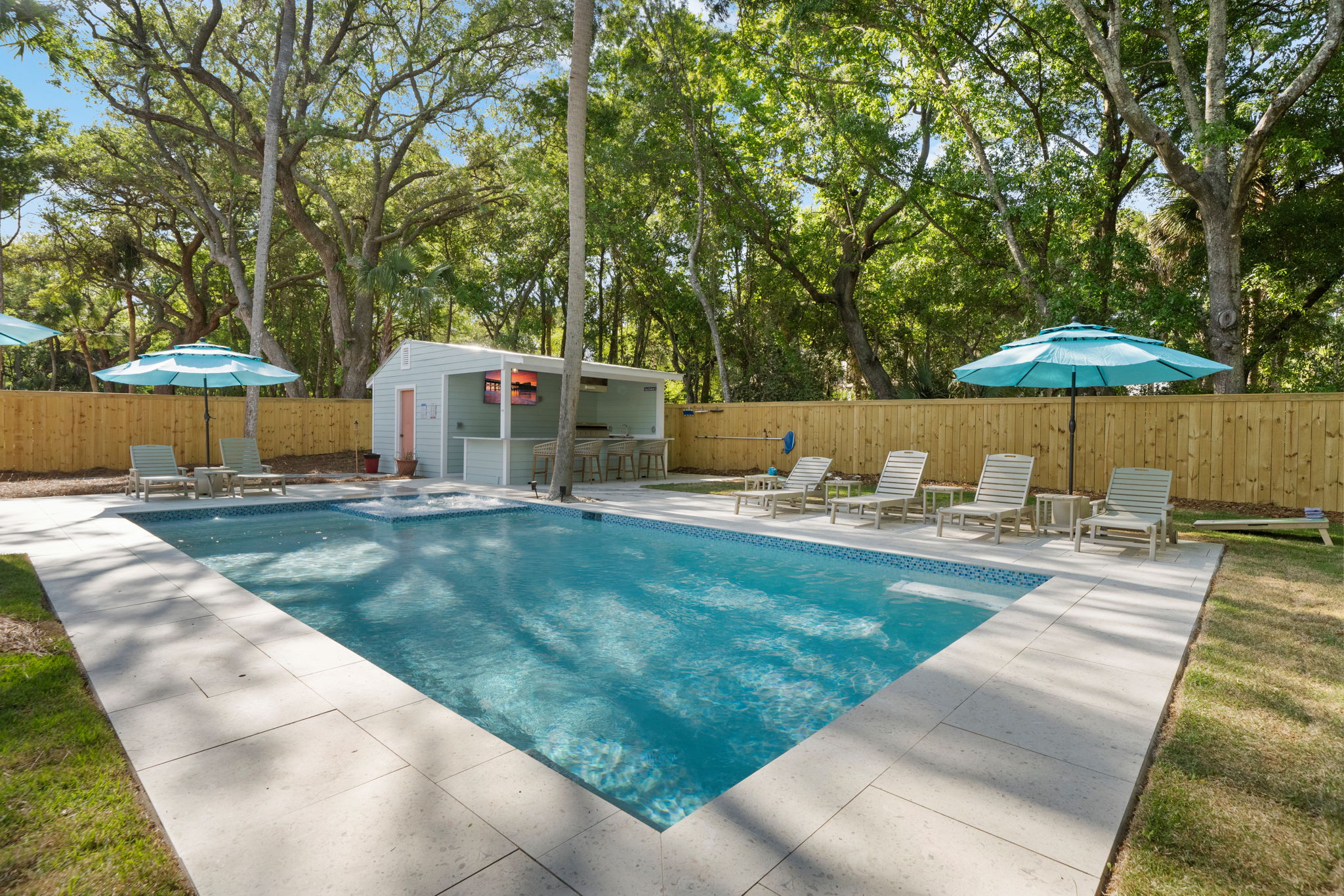 Pool and Hot Tub With 6 Chaise Loungers To Relax and Enjoy The Sunshine And Water | IOP Escapes Beach Blessing | 3705 Hartnett Blvd, Isle of Palms, SC