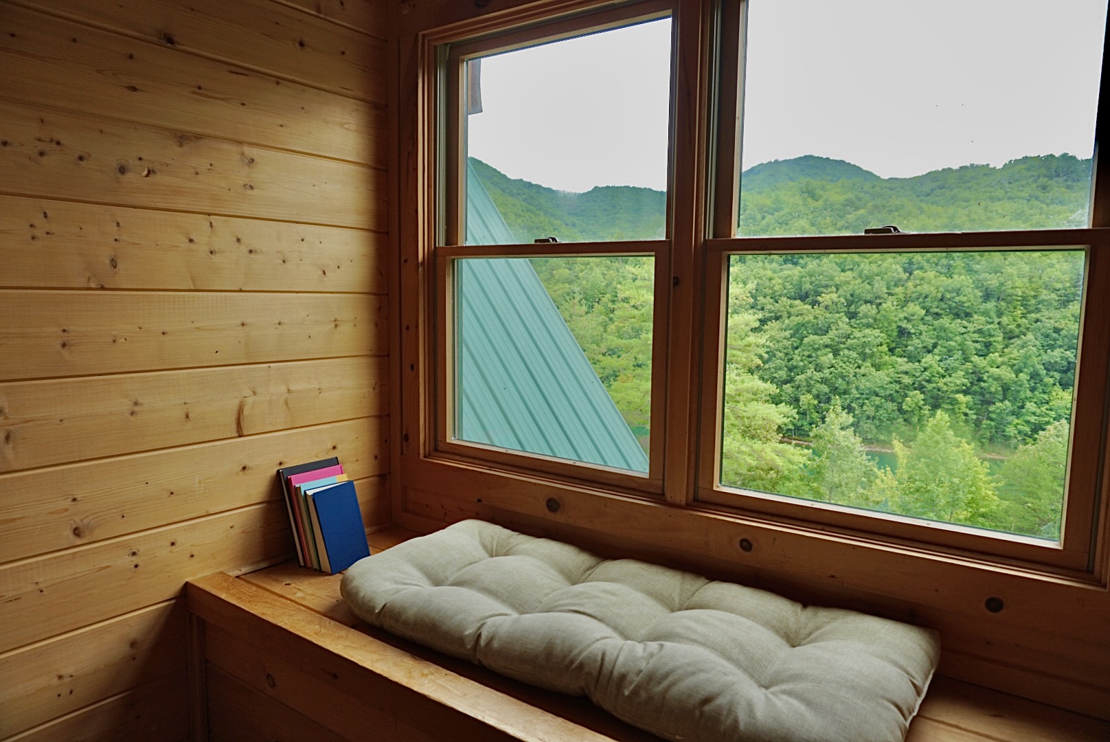 Window Nook: Unwind here with stunning mountain views and a perfect reading spot!