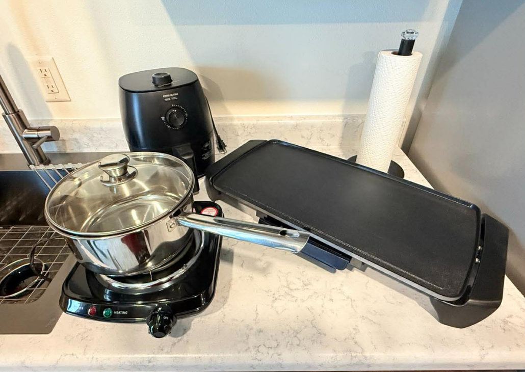 Air fryer, electric skillet, and pots and pans to use during your stay.