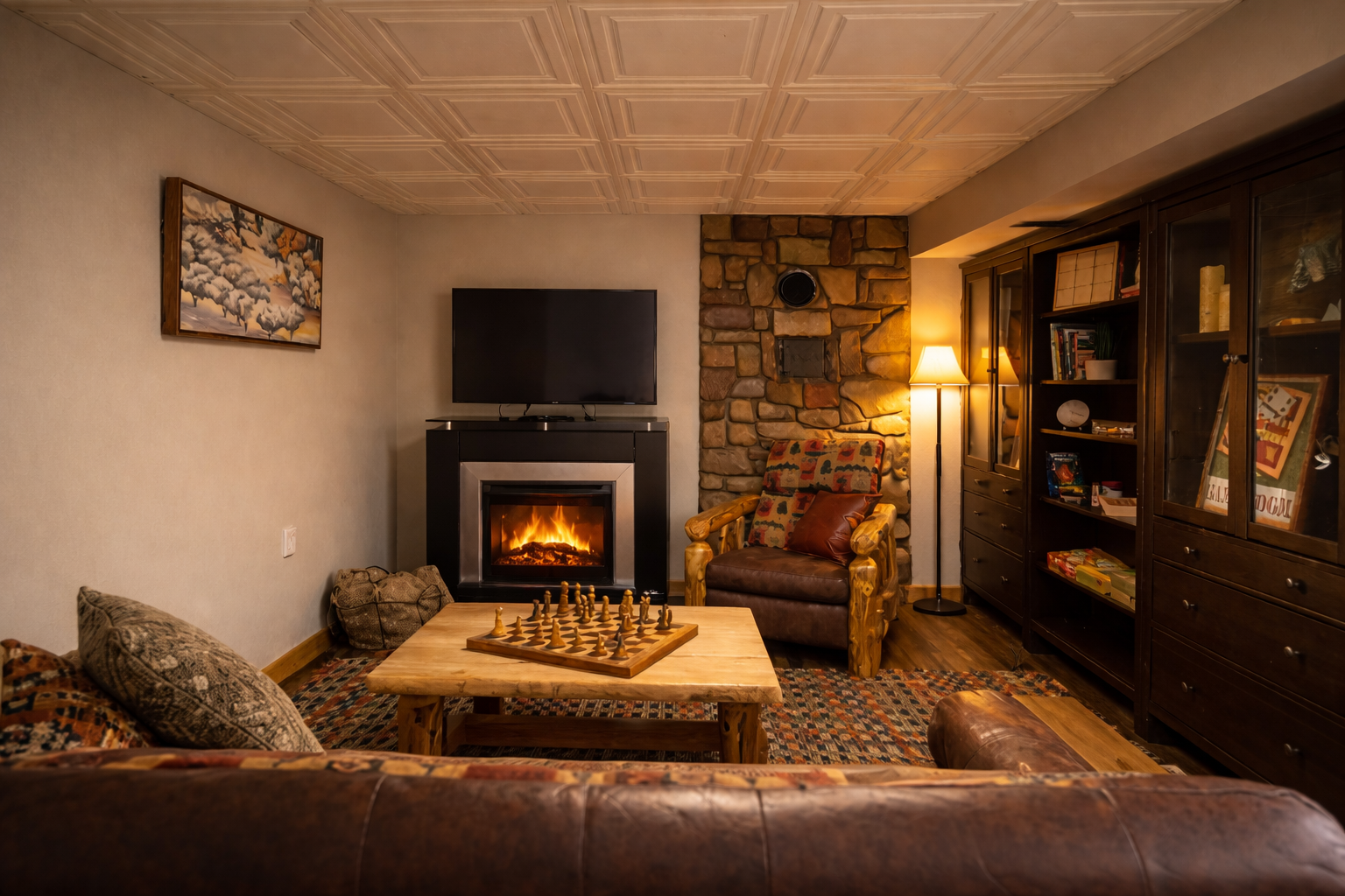 Cozy family room with fireplace, board games and sofa bed