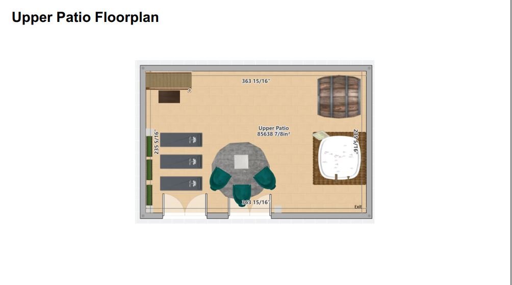 Private upper patio with hot tub, barrel sauna, yoga mats, and pergola seating, designed for ultimate relaxation and wellness.