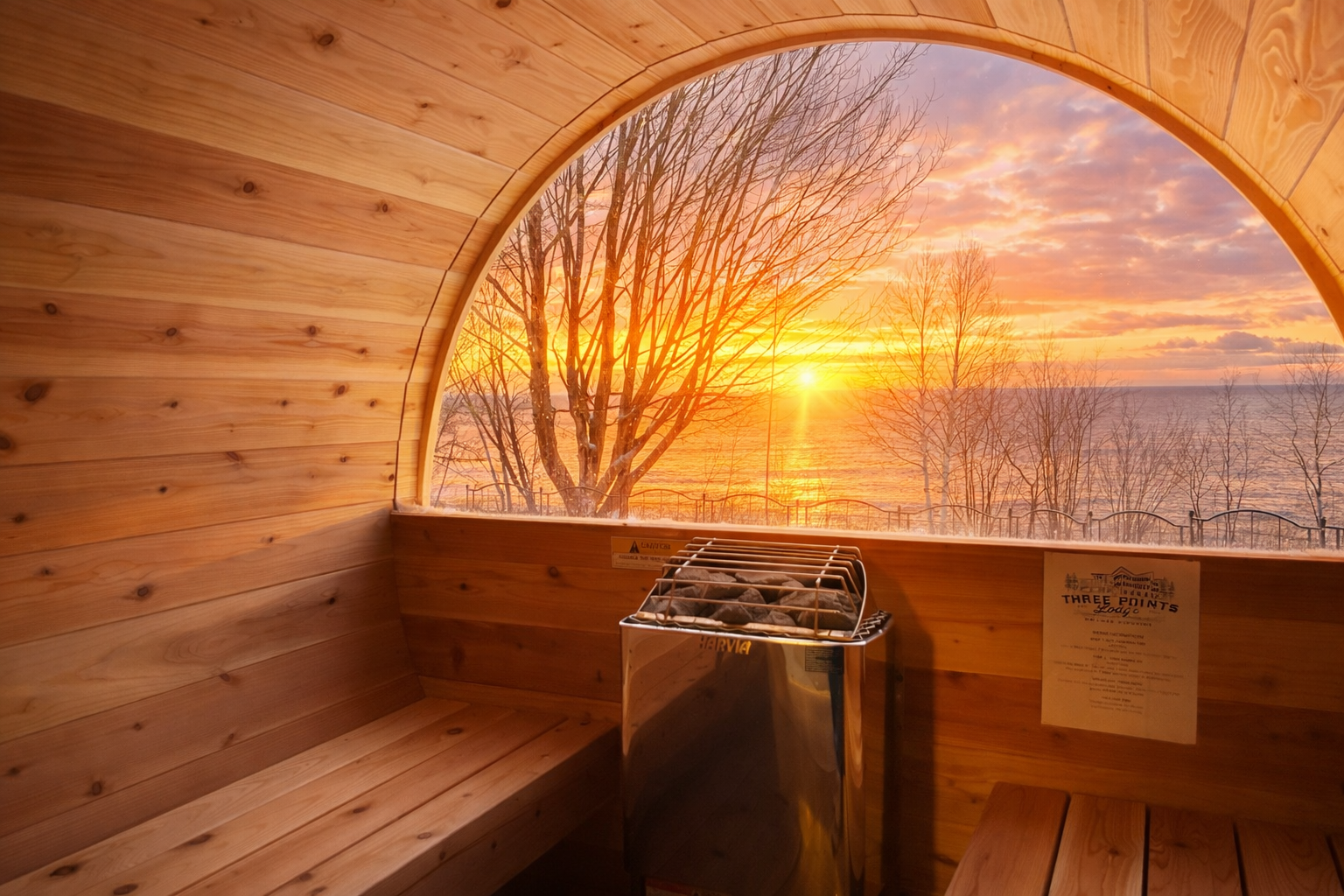 Your private sunrise sauna sanctuary. Step into the barrel sauna and watch Lake Superior light up the day. Imagine easing sore legs after a long day at Lutsen, settling into this view!