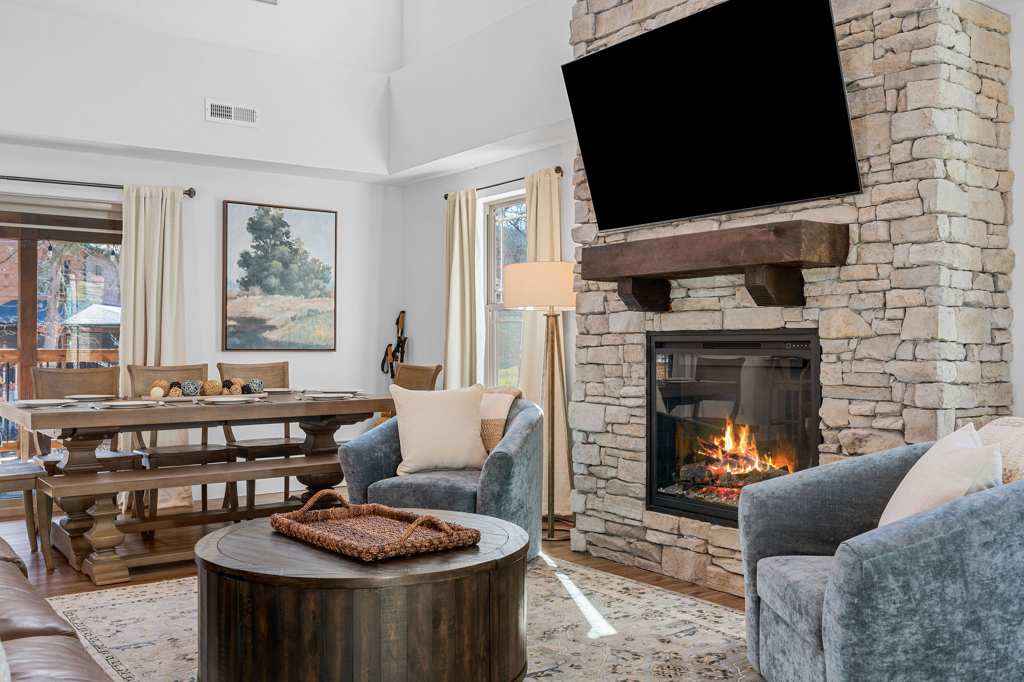 Inviting living room with a fireplace and TV—ideal for cozy nights in.