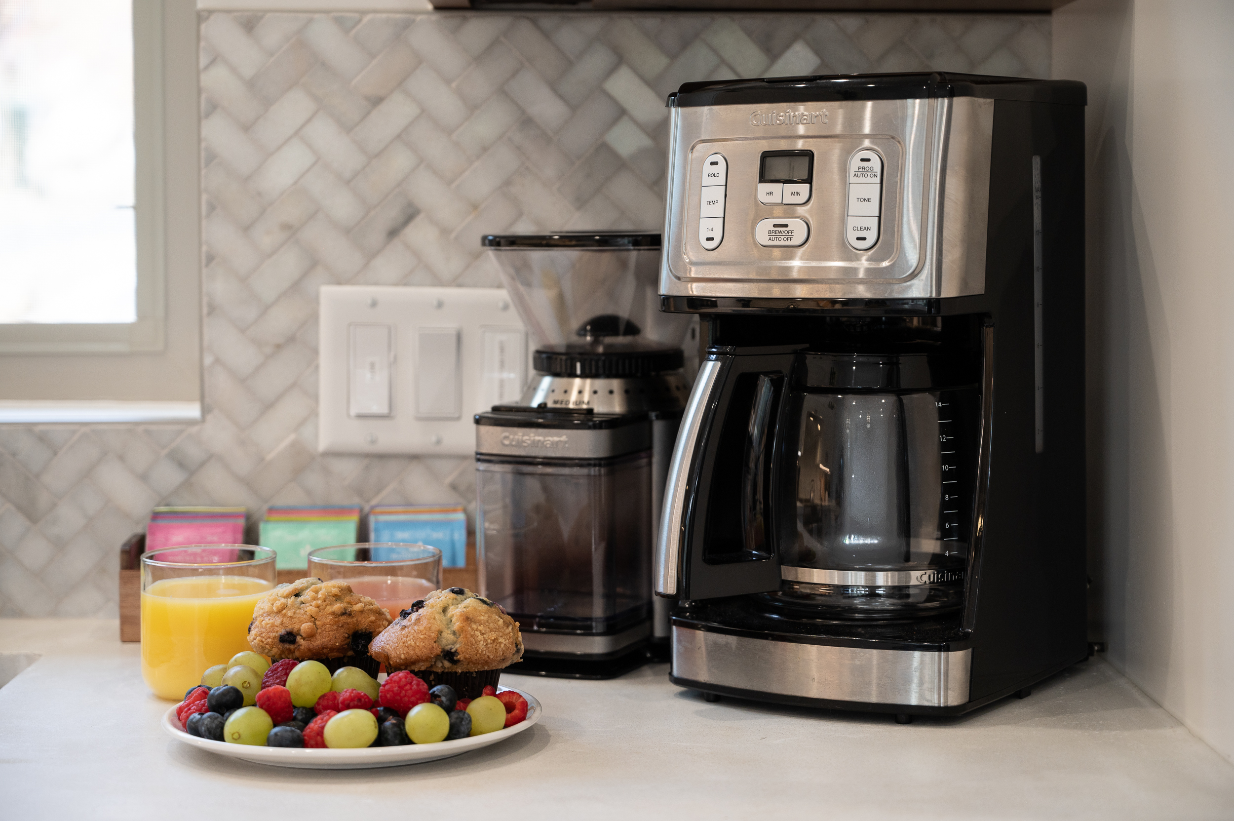 12-cup drip coffee maker with local ground coffee and tea provided