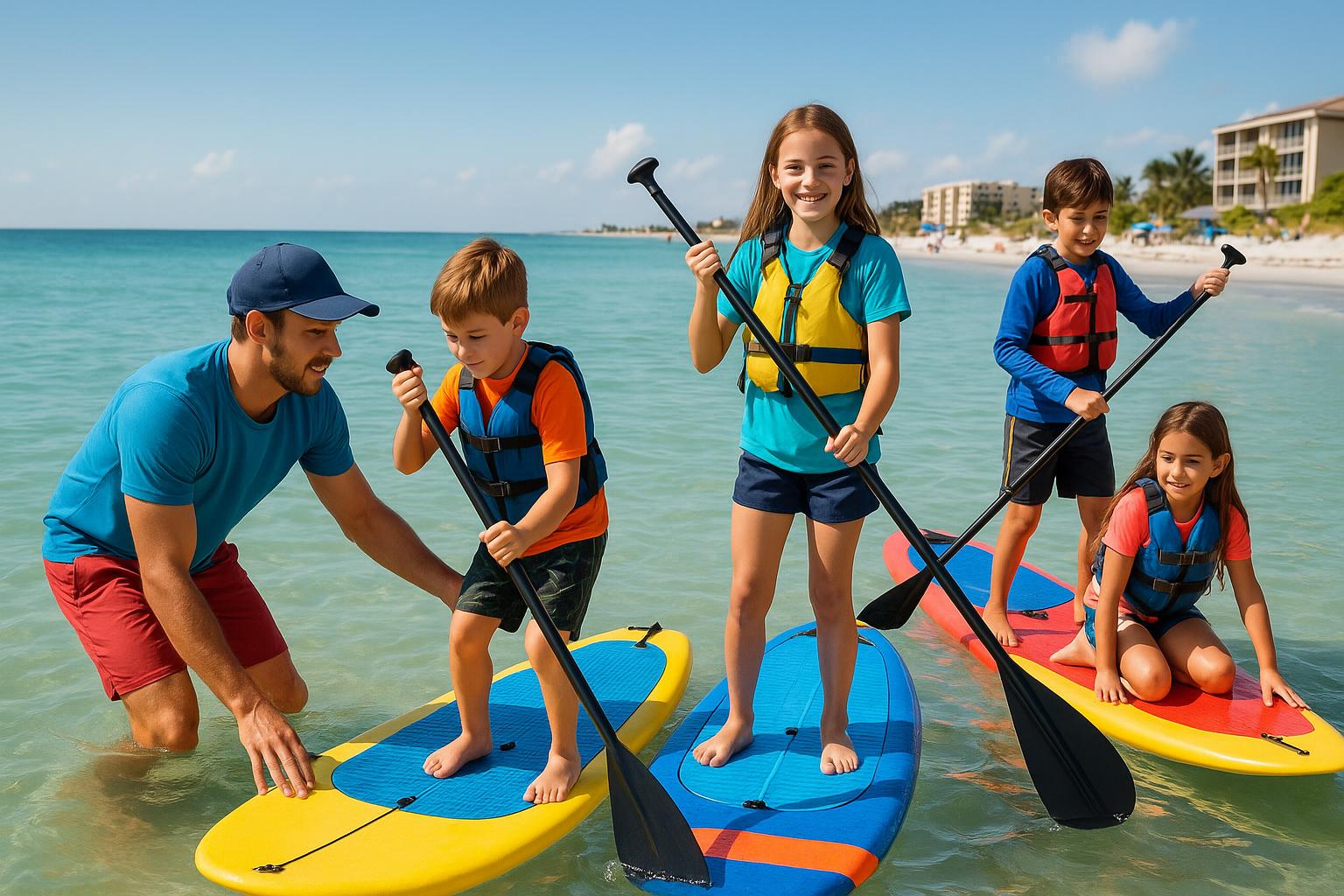 Children learning to paddle board with instructor