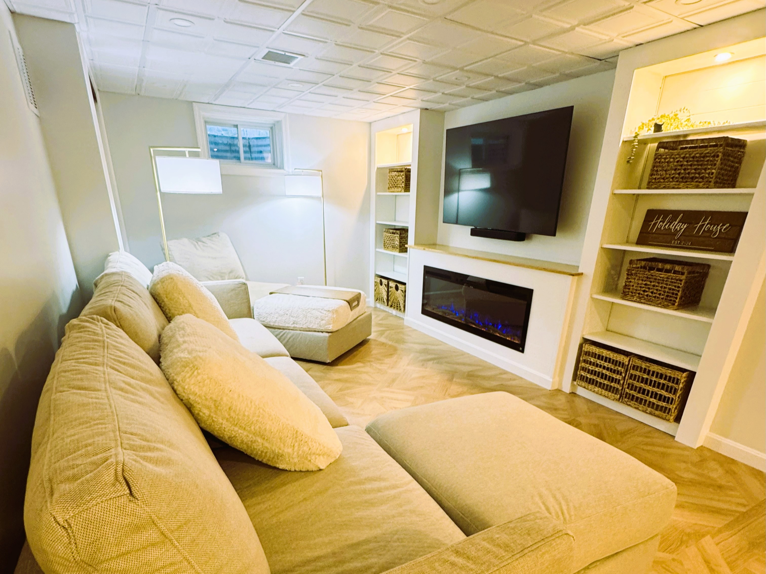 Lower Level Family Room, Electric Fireplace with Lights and Heatless Option (Use Anytime!)