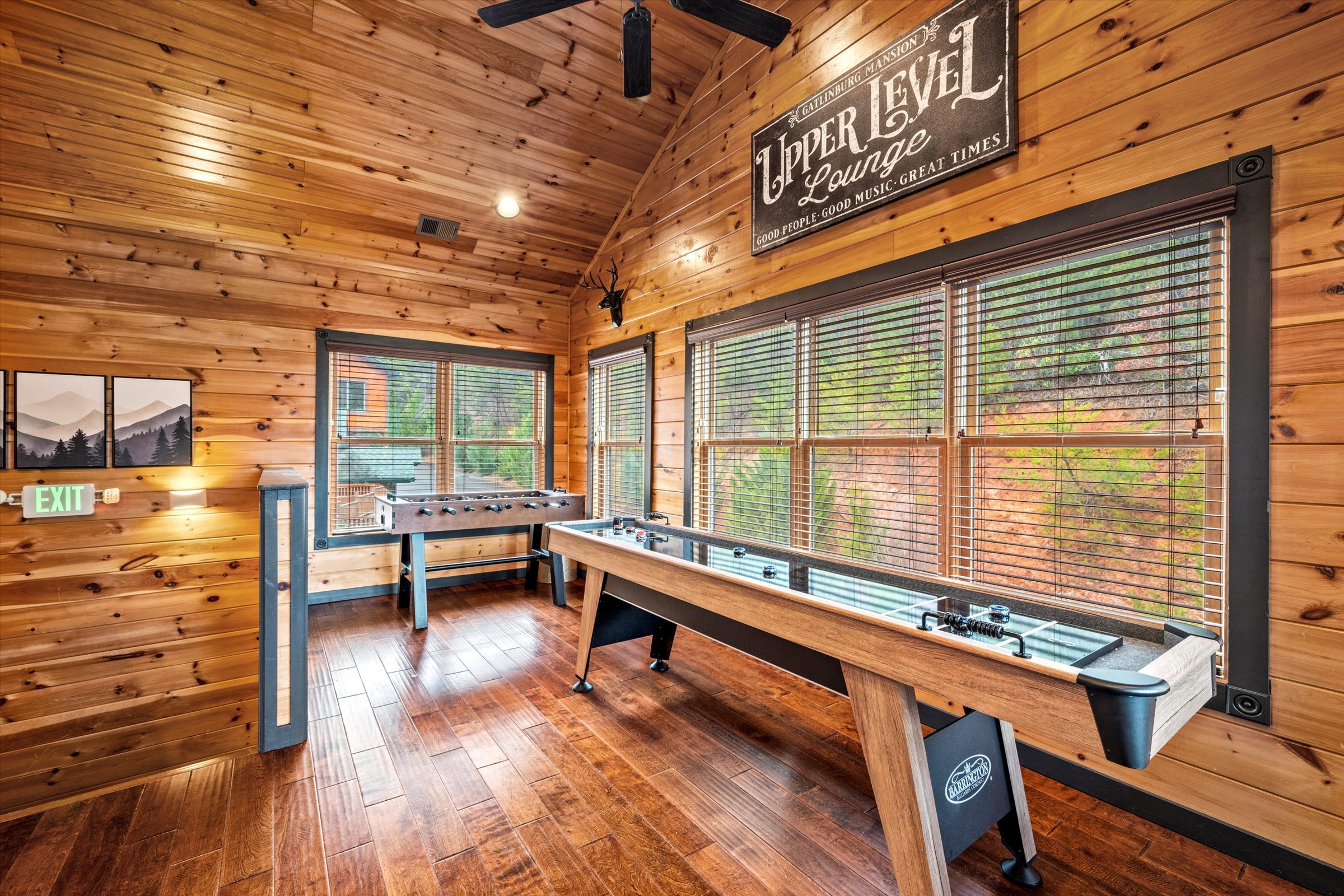 The shuffleboard table is in the upper bar/lounge