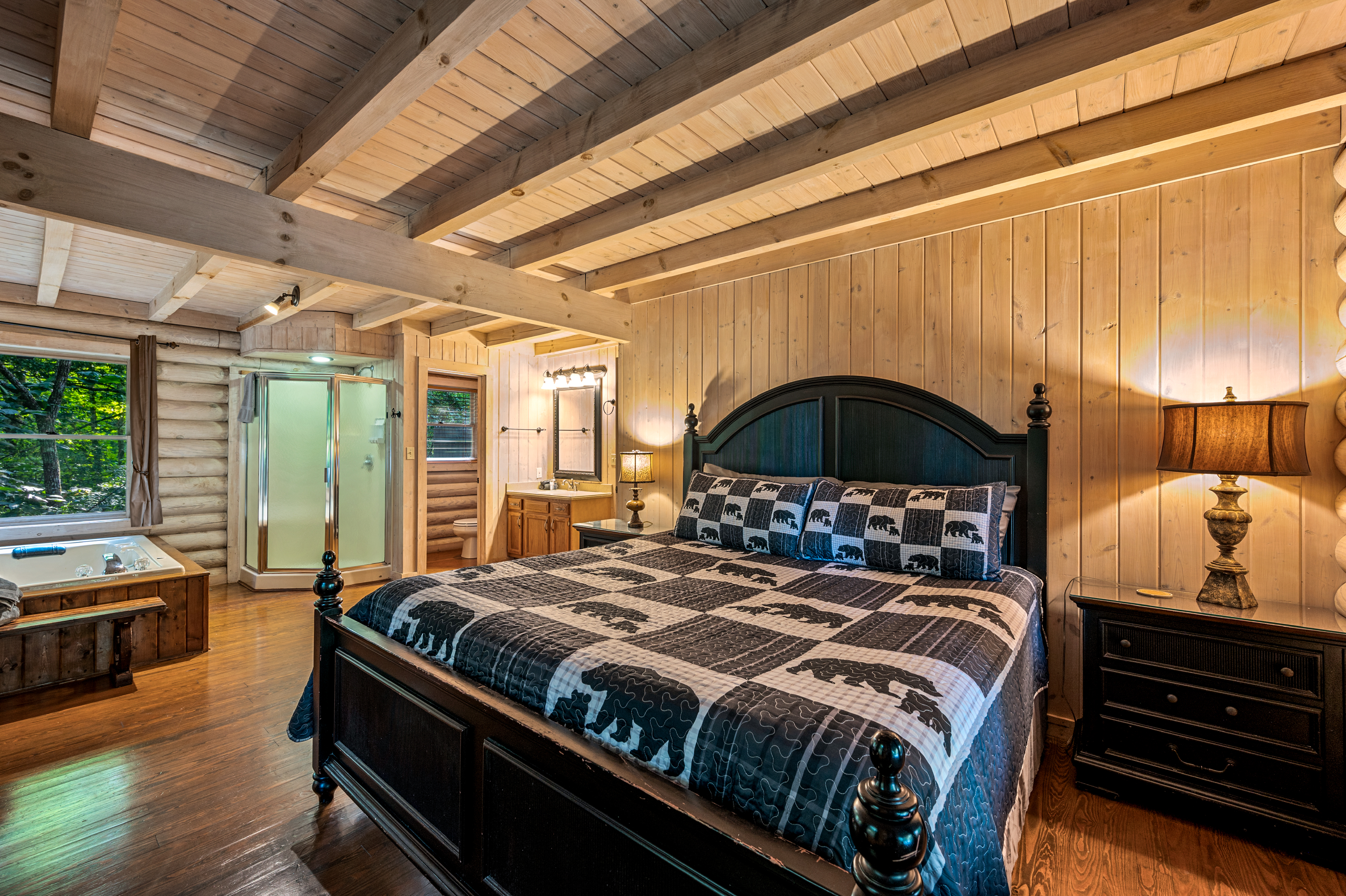 Relax in your King suite with jetted tub and private walk-in shower.