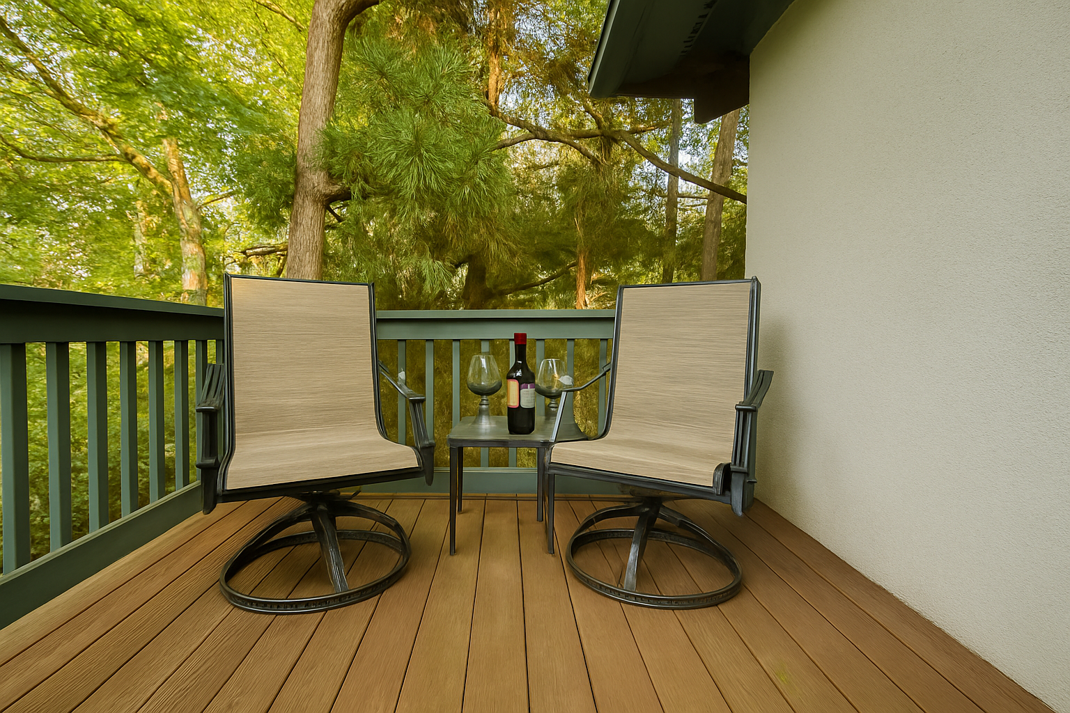 Share a glass of wine on the private deck, surrounded by peaceful forest views.