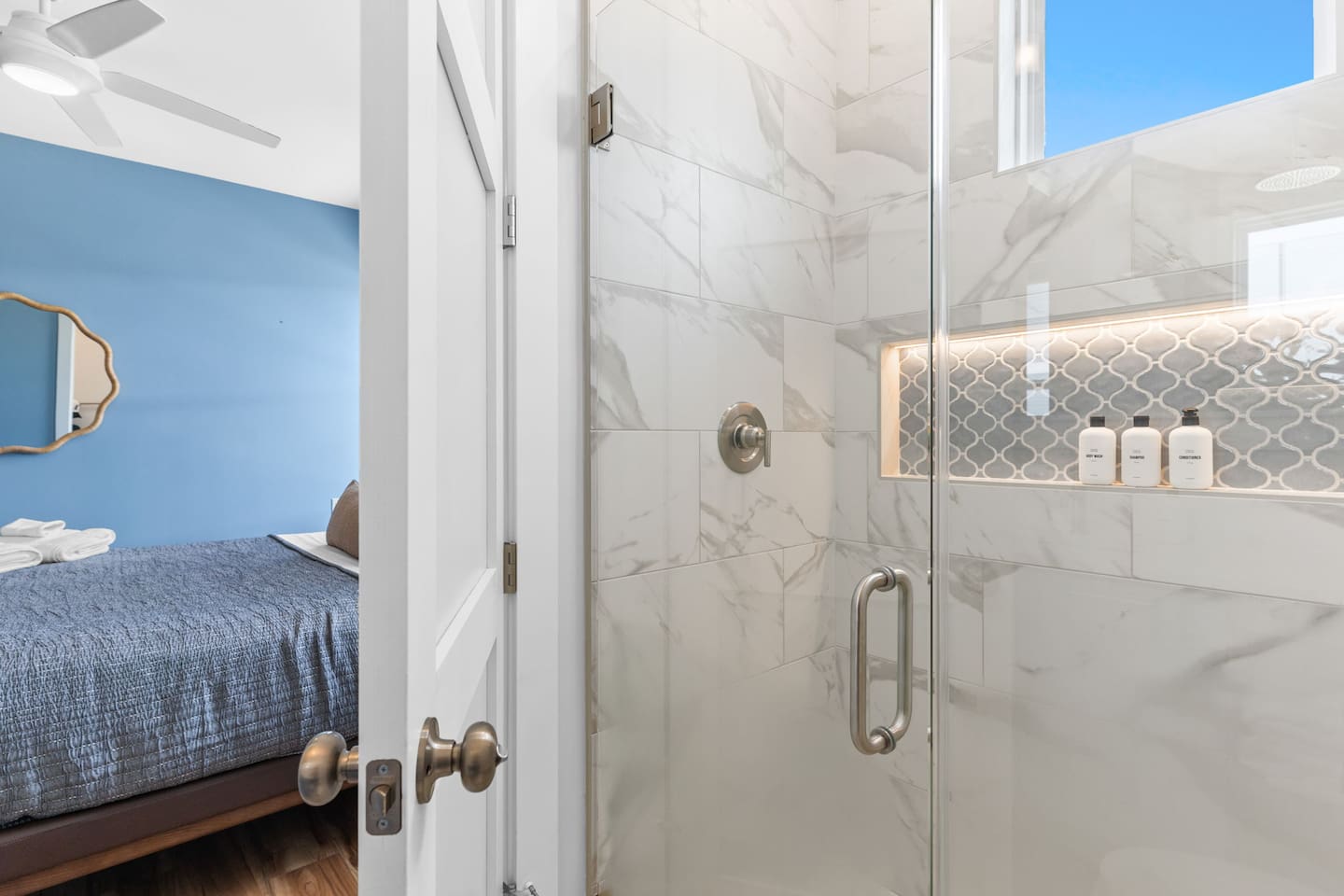 No need to share. This bedroom features a private en-suite bathroom, offering guests their own comfortable and convenient space to refresh and unwind.
