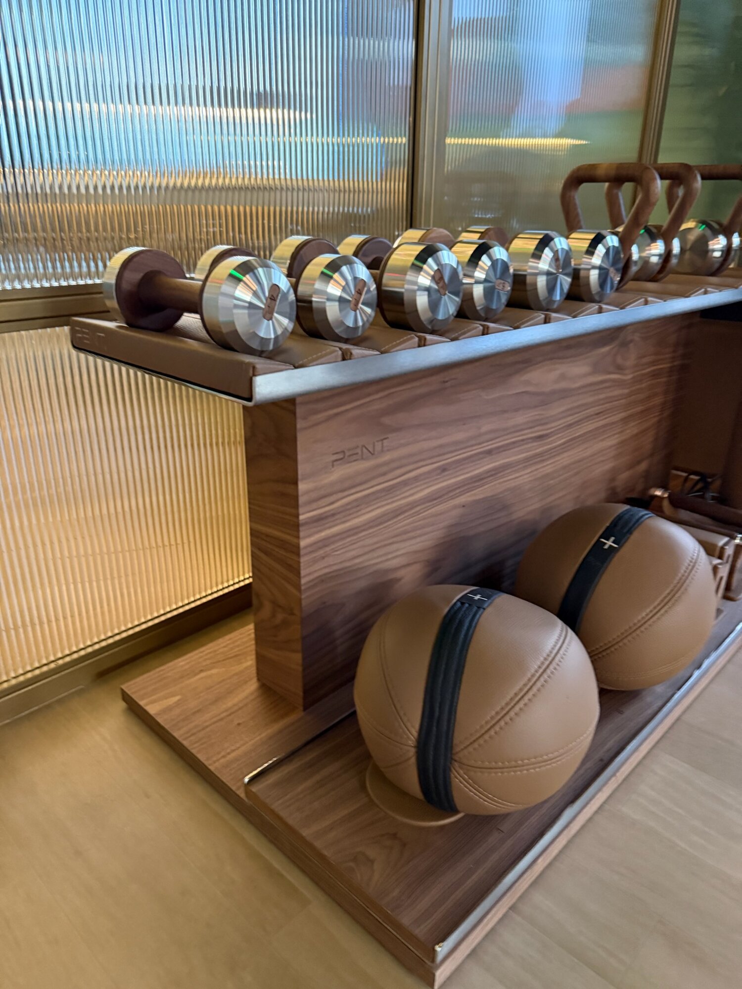Free weight area — full dumbbell set with kettlebells and medicine balls