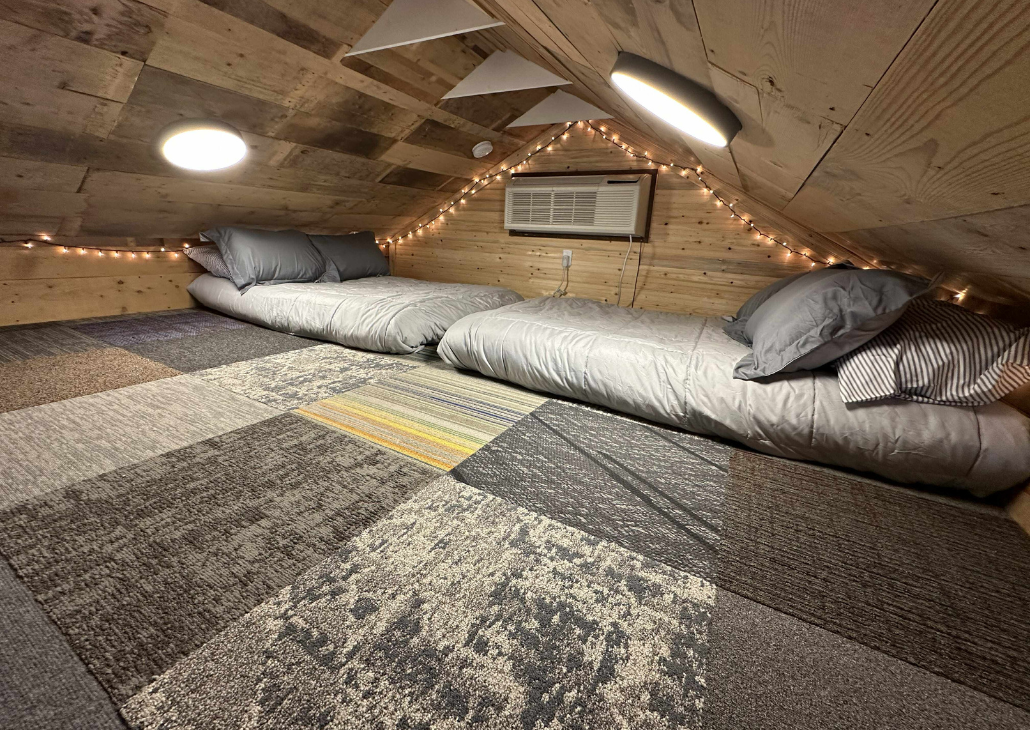 Futon mattresses. Note: low ceiling height.