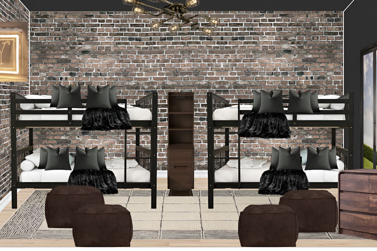 Host the ultimate group getaway in this industrial-style bunk room. Featuring twin black bunk beds, a rustic brick accent wall, and plush floor poufs, this space is designed for comfort and fun. A perfect family-friendly setup for your next luxury vacation