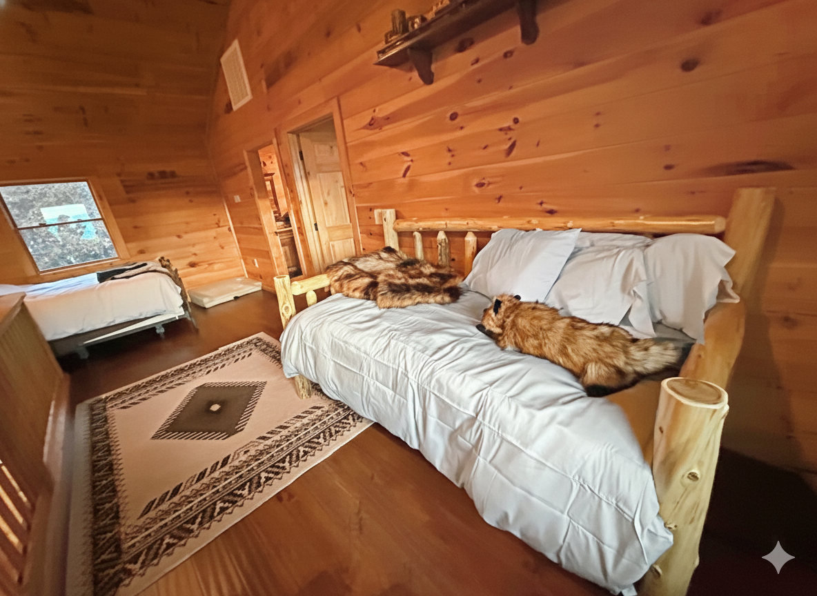 Rustic Retreat: Experience the charm of log furniture and serene forest views in this inviting room!


