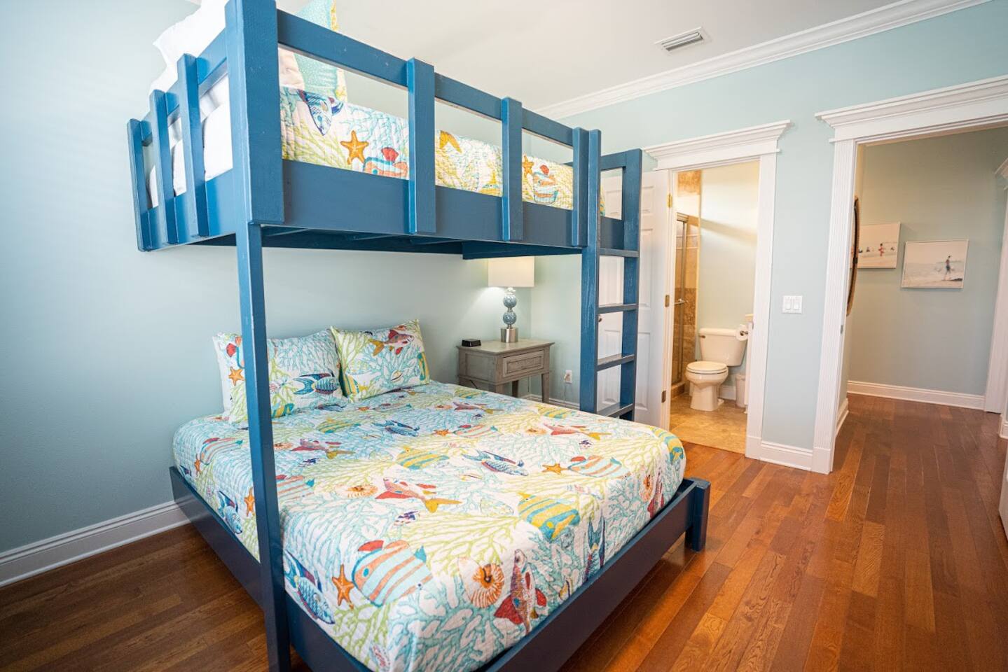 One of two full over queen bunk rooms each with a private bathroom.