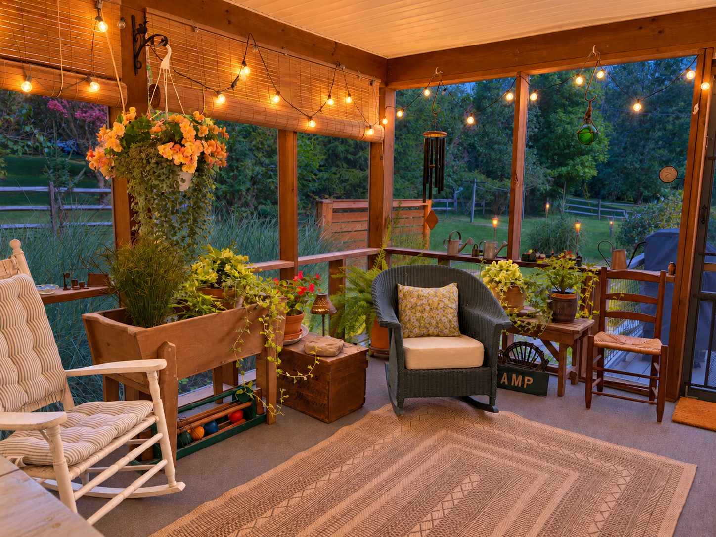 Screened porch in the evening.