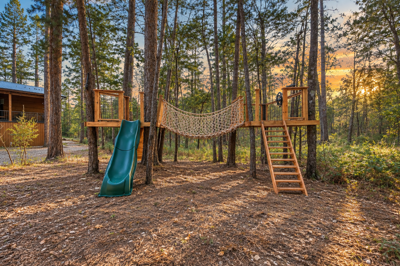 This custom treefort adventure in the pines turns the backyard at Pinewood Lodge into a forest adventure they'll talk about long after the trip!