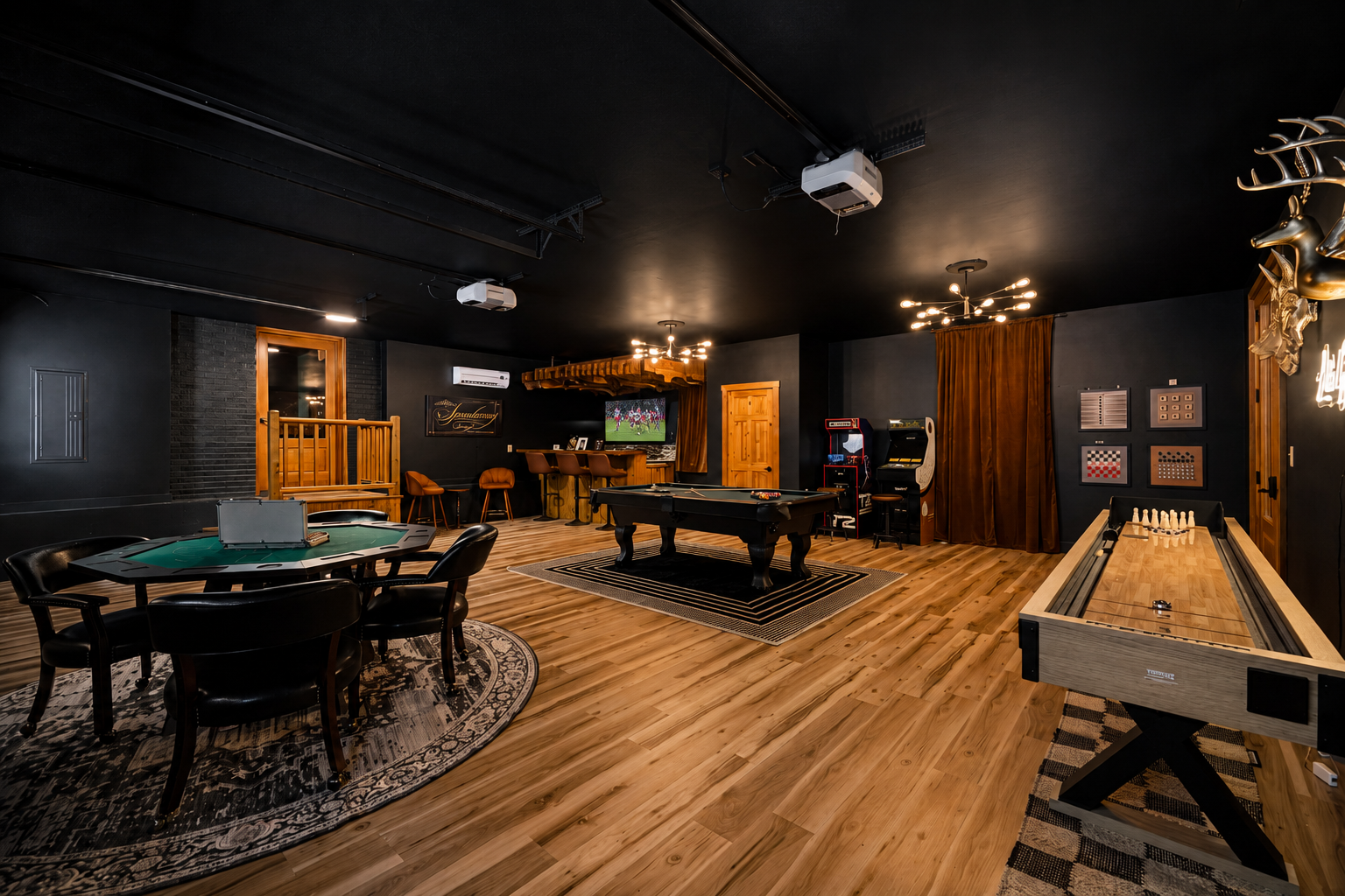 {Speakeasy Game Room} Pick your game, pour a drink, and let the night unfold with pool, shuffleboard, poker, darts, and classic arcade competition.