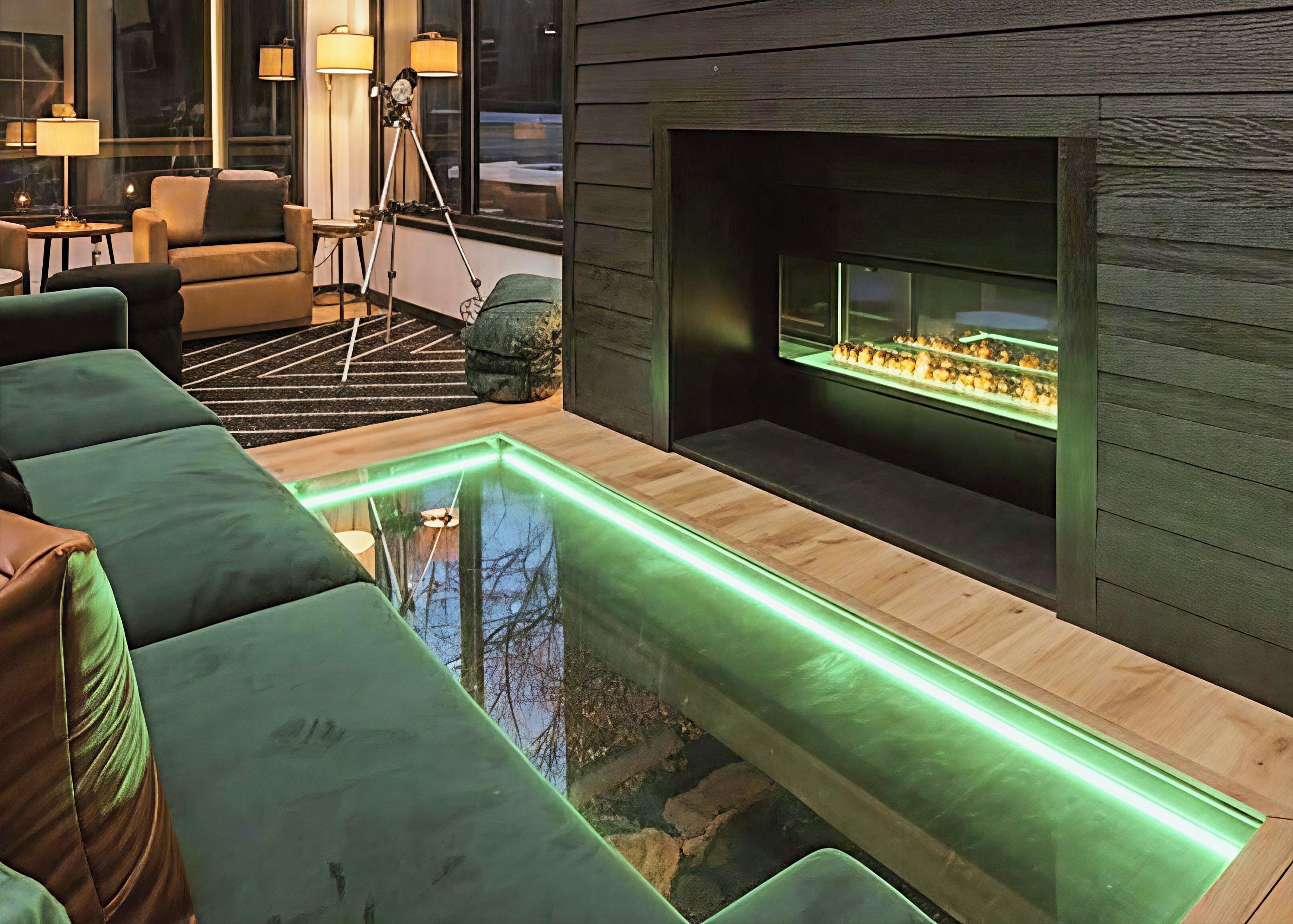 Watch the creek flow beneath your feet while cozying up in the luxury furnished living space. A glass floor provides a private view to the creek flowing under the cabin - this is not your typical stay