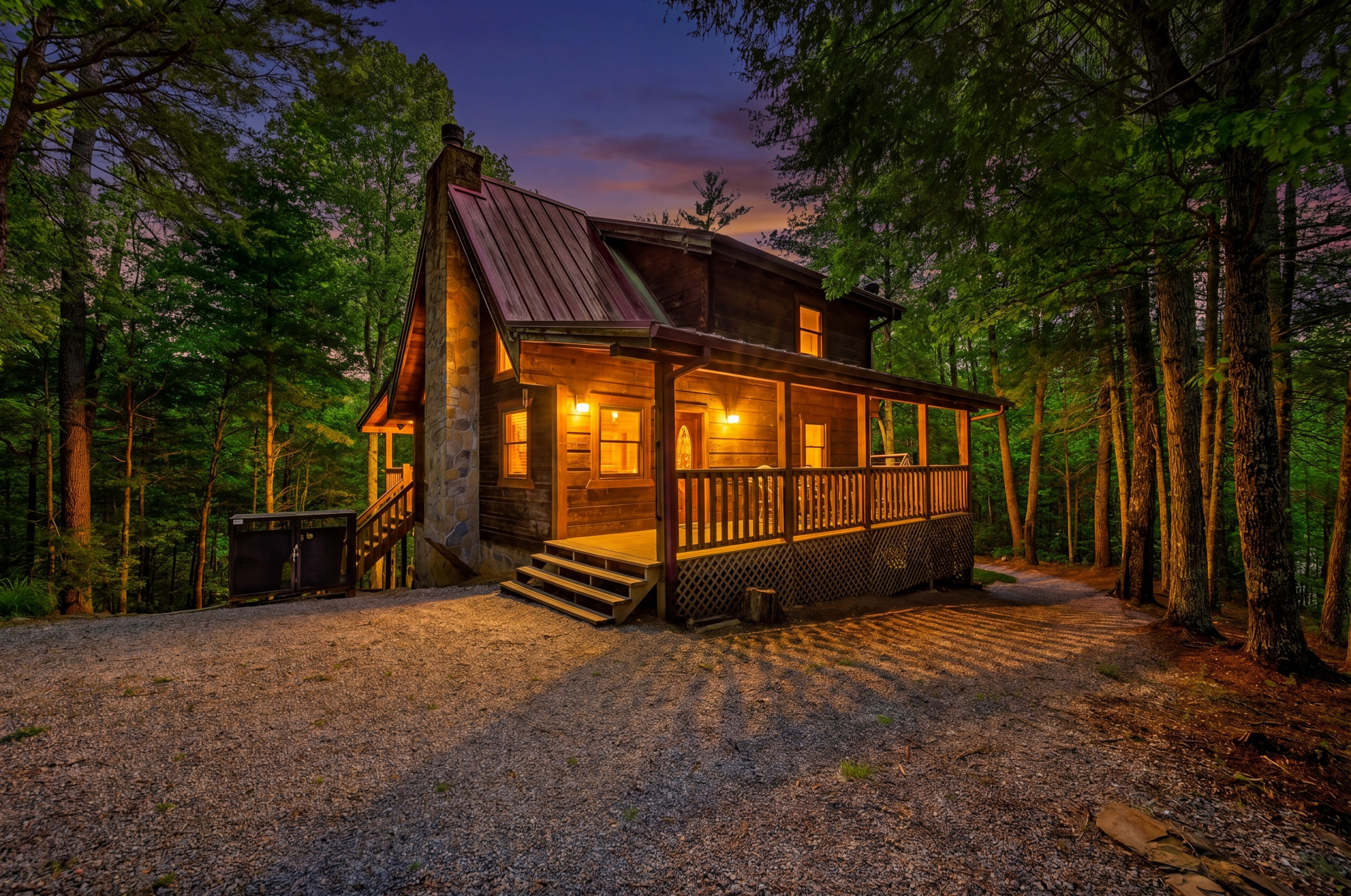 The cabin lights up beautifully as the day winds down