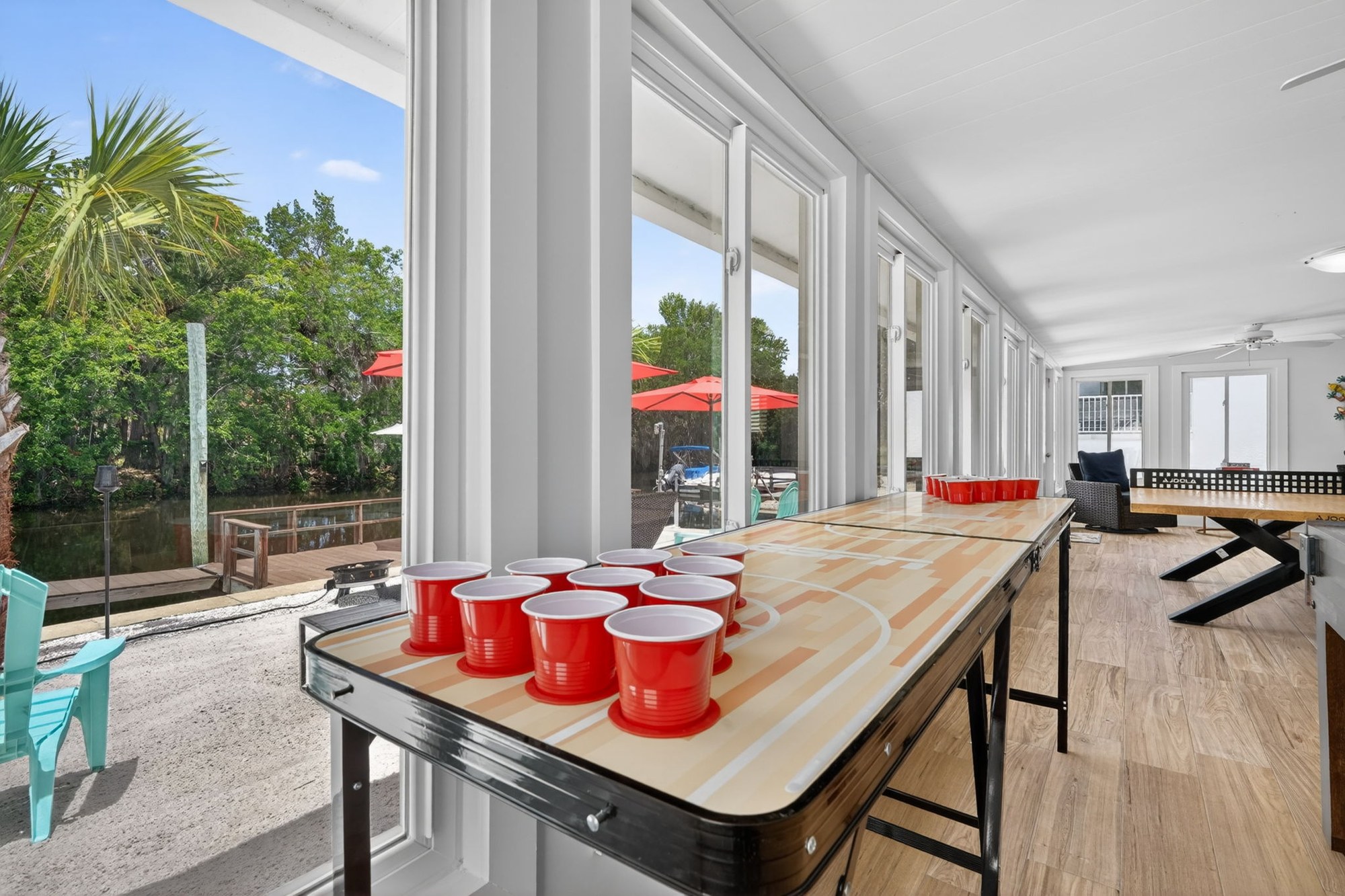 Game room with beer pong table, second view