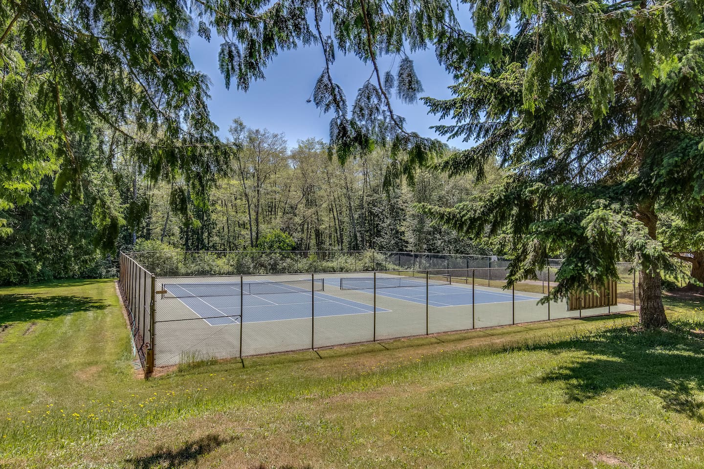 Tennis or pickleball, bring your racquets. This is a shared space. Maybe you can challenge someone to a match!