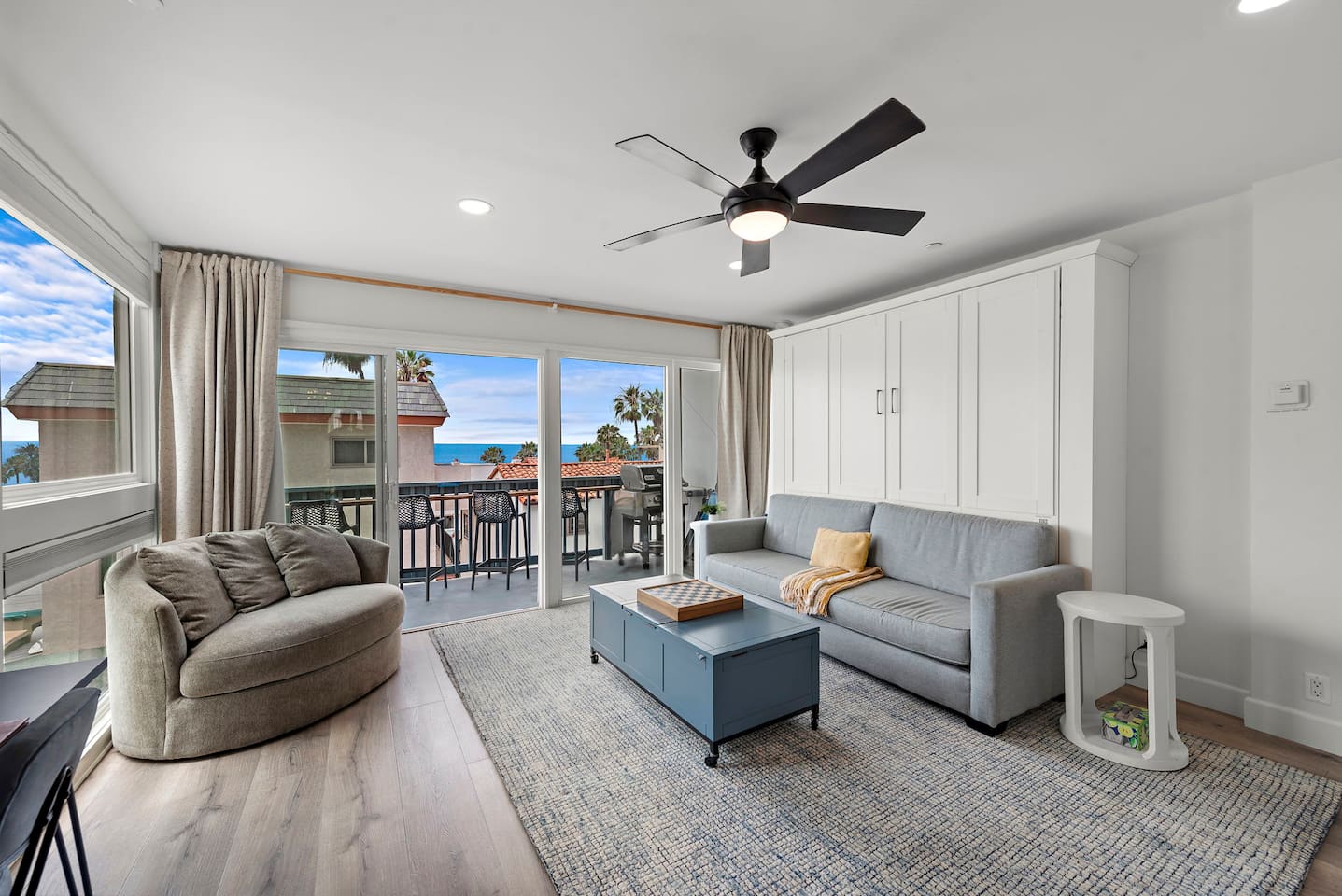 The living room includes a king-sized sofa Murphy Bed that converts to a "real bed" in less than one minute.  The bed is made up with bedding ready for sleep.  This murphy bed makes this 1 bedroom condo feel more like a 2 bedroom.