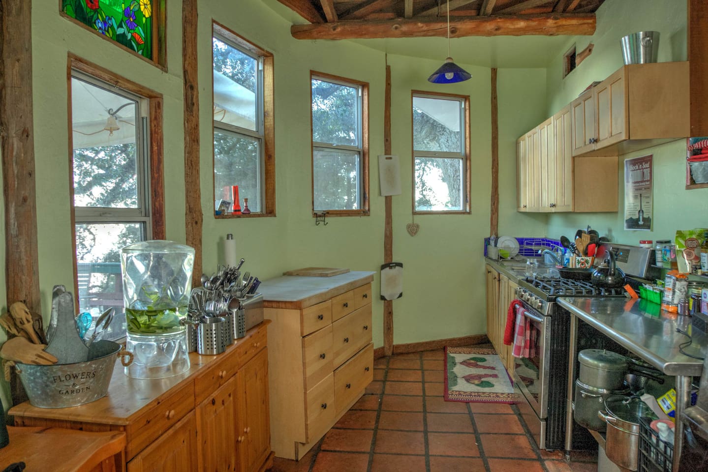 Big kitchen with 2 refrigerators, stove, oven, fully stocked for cooking