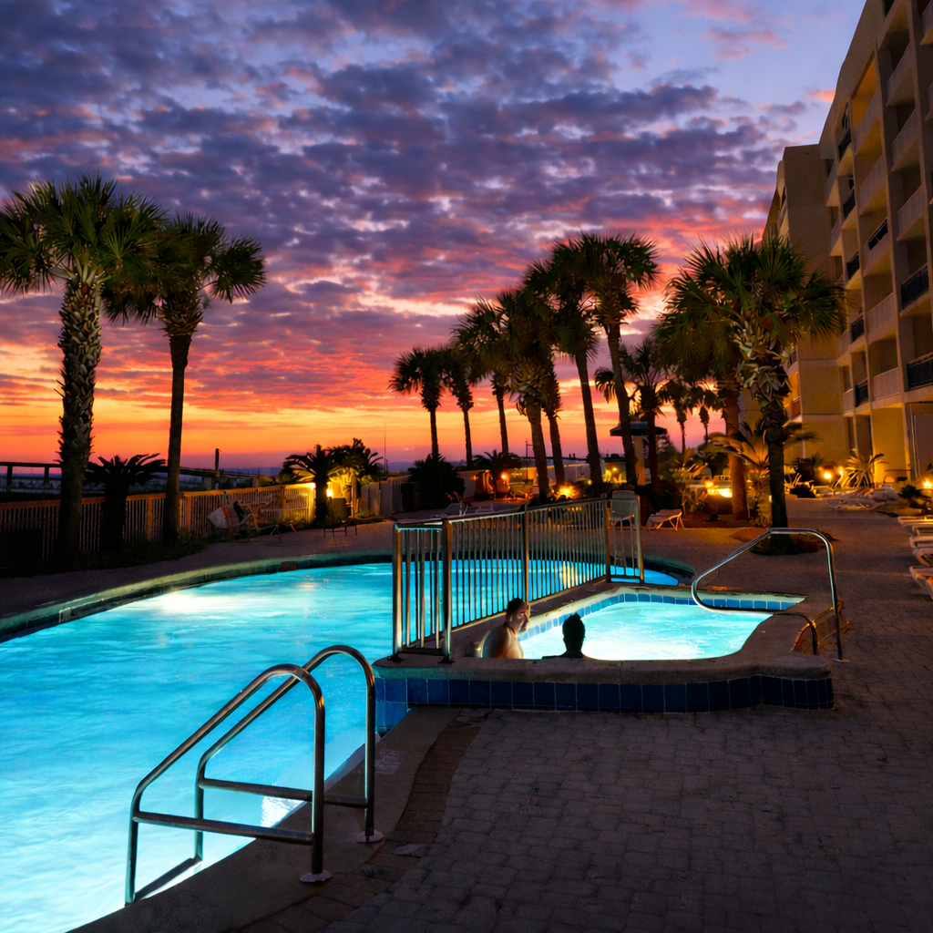 Twilight at the beachfront pool—where sunset skies meet warm water, palm-lined views, and evenings that feel like vacation should.