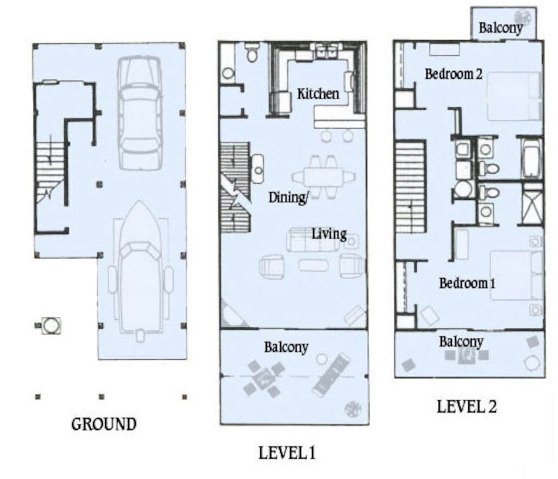 Check the complete Sea Breeze floor plan &mdash; two upstairs private ensuite suites, main-level living, and the deck all mapped out.