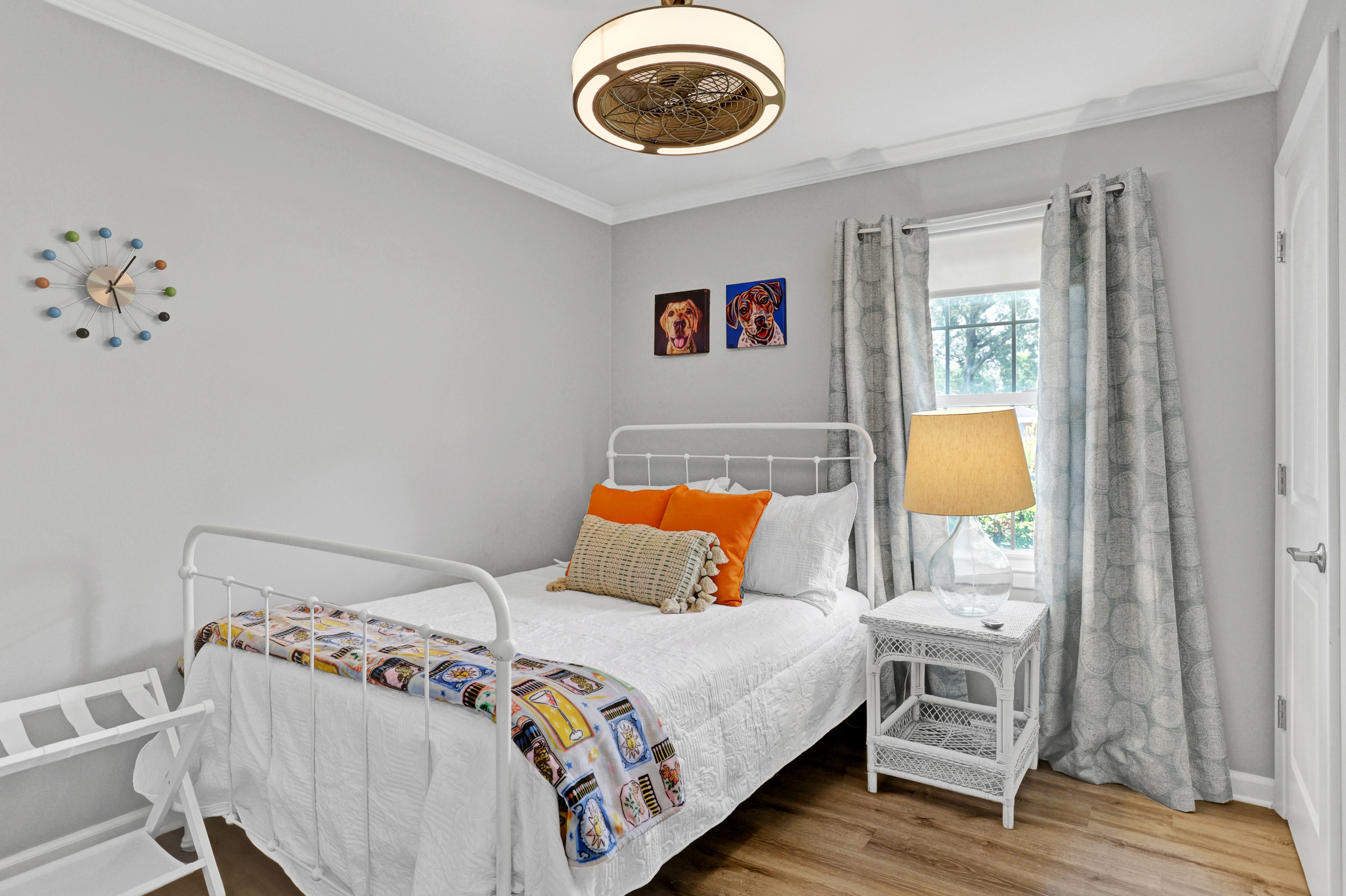 Vibrant and inviting—this cheerful bedroom features a comfy double bed and playful pops of color for a fun, feel-good stay.