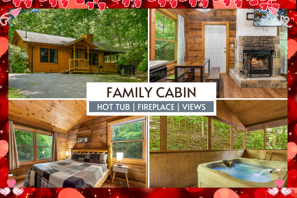 A cozy family cabin retreat with a private hot tub, crackling fireplace, and peaceful forest views—perfect for making memories together.