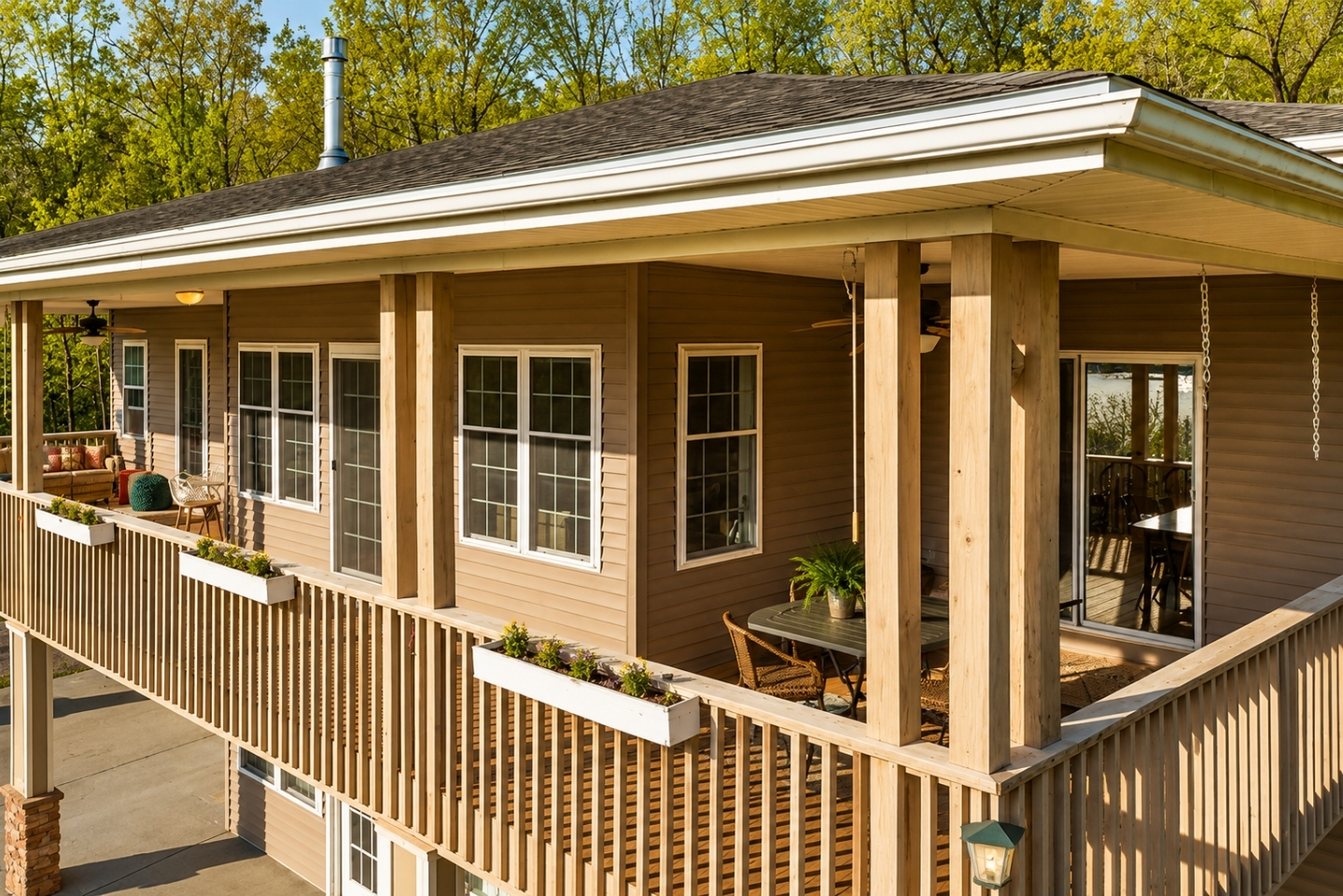 Enjoy this spacious, elevated deck offering ample room for relaxation and dining, complete with beautiful views of the surrounding nature and lake. Ideal for any gathering! 