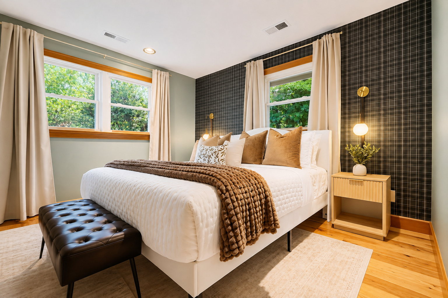 {Bedroom 1} Relax in your own mountain cabin retreat with luxe King bedding, blackout curtains, and your own TV for cozy nights in.