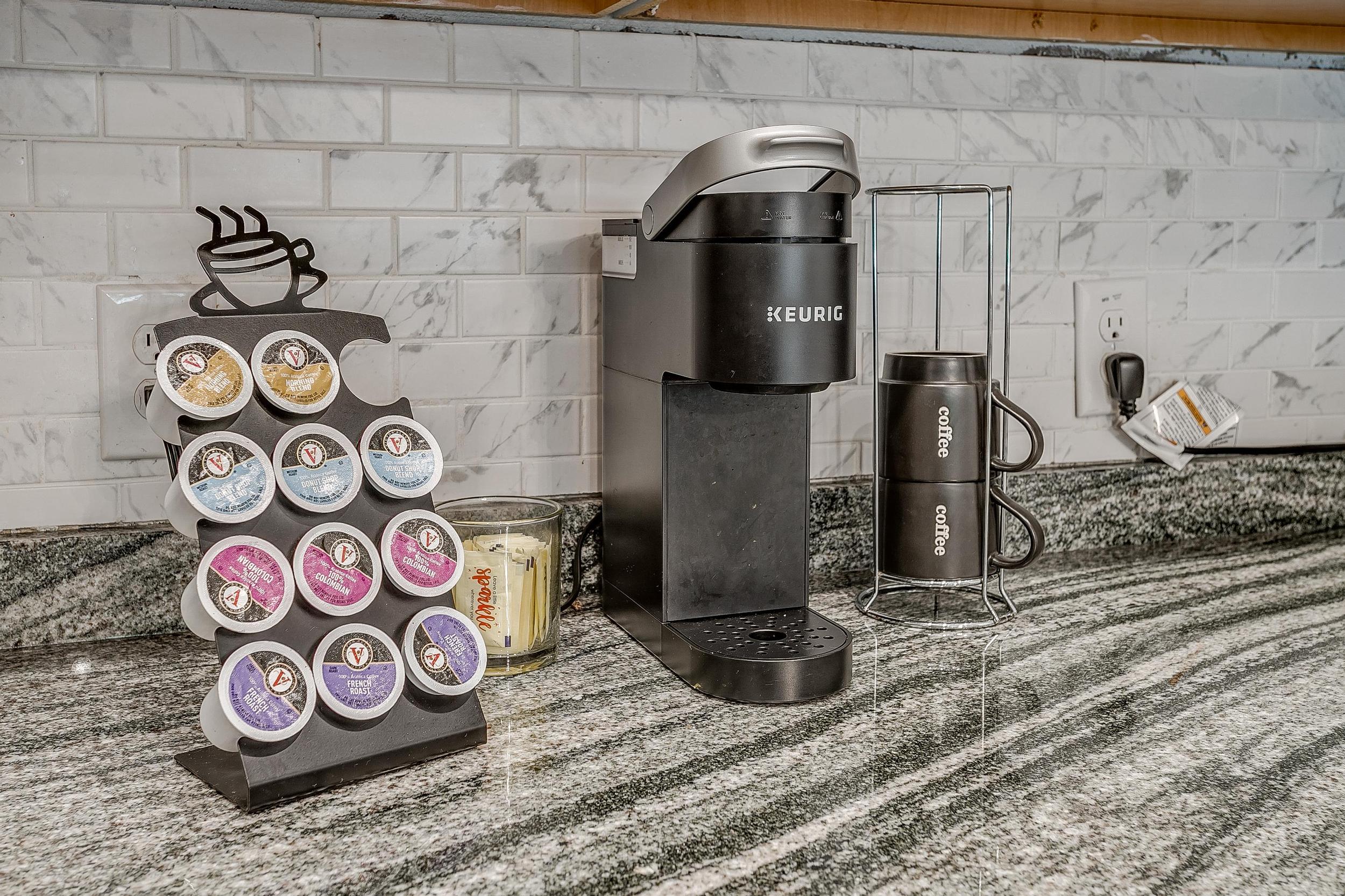 Keurig coffee bar with a full pod selection to start your mornings right.