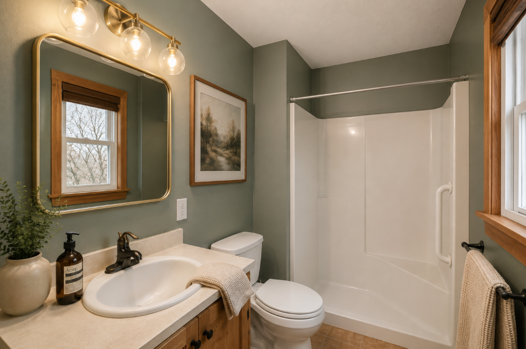 {Red Bath 3} Thoughtfully designed with modern fixtures and a spacious shower, this full bathroom offers everything you need to refresh and recharge.