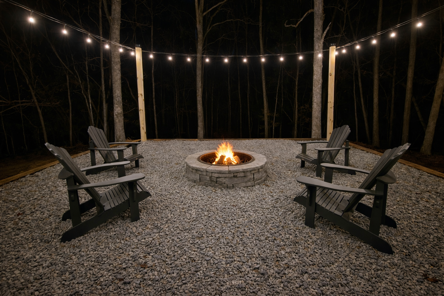 Gather around the glowing fire pit beneath soft string lights and starry skies—an intimate spot for romantic conversations, s’mores, and cozy nights together