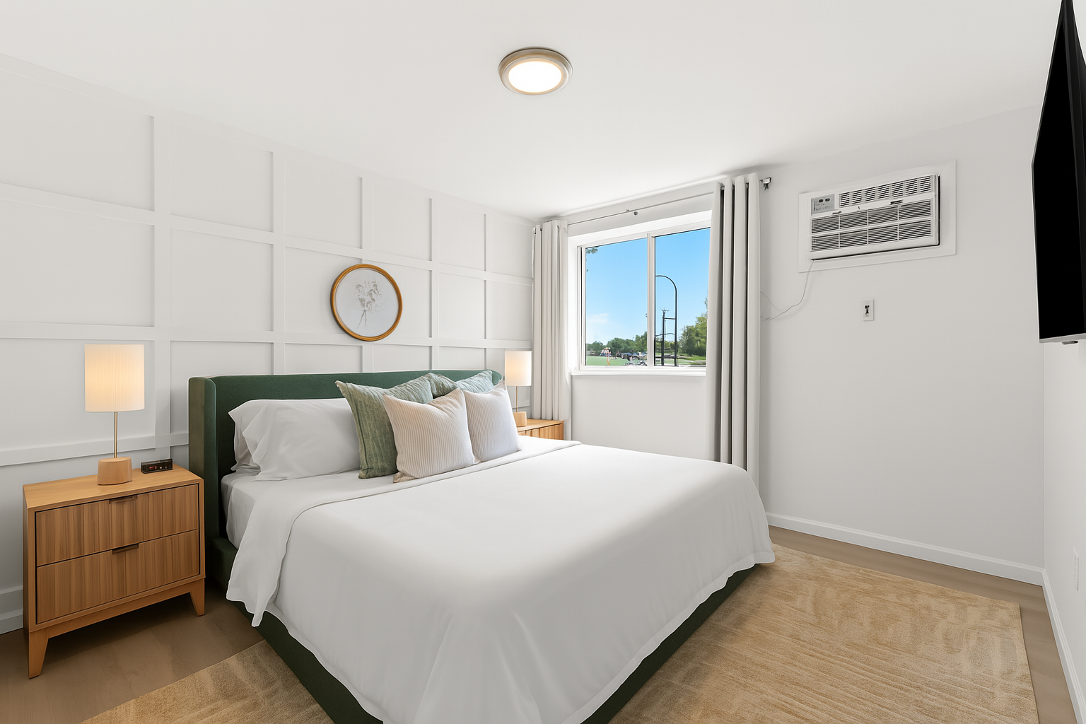 Wake up to natural light in this beautifully styled bedroom with plush pillows, mid-century nightstands, and modern comfort.