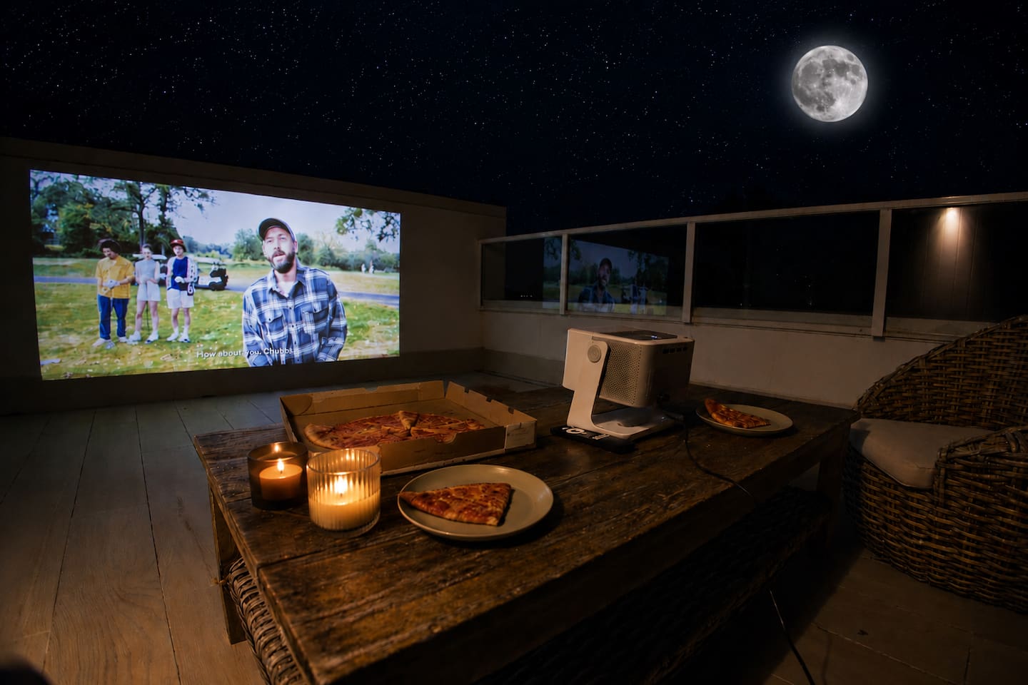 enjoy a movie on the rooftop at night under the stars, Projector is included in the booking. 