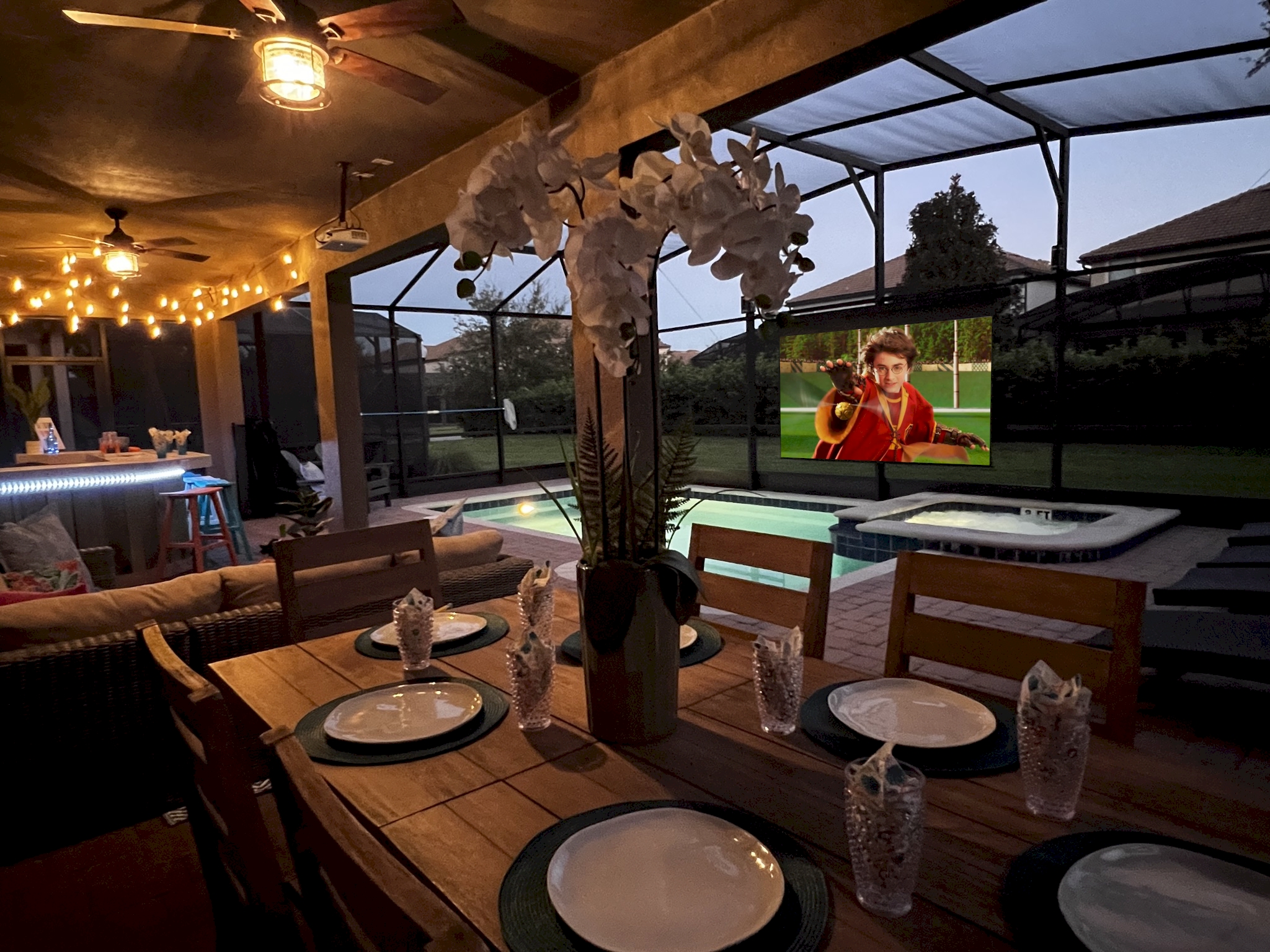 Watch movies and TV while lounging in the pool and spa.