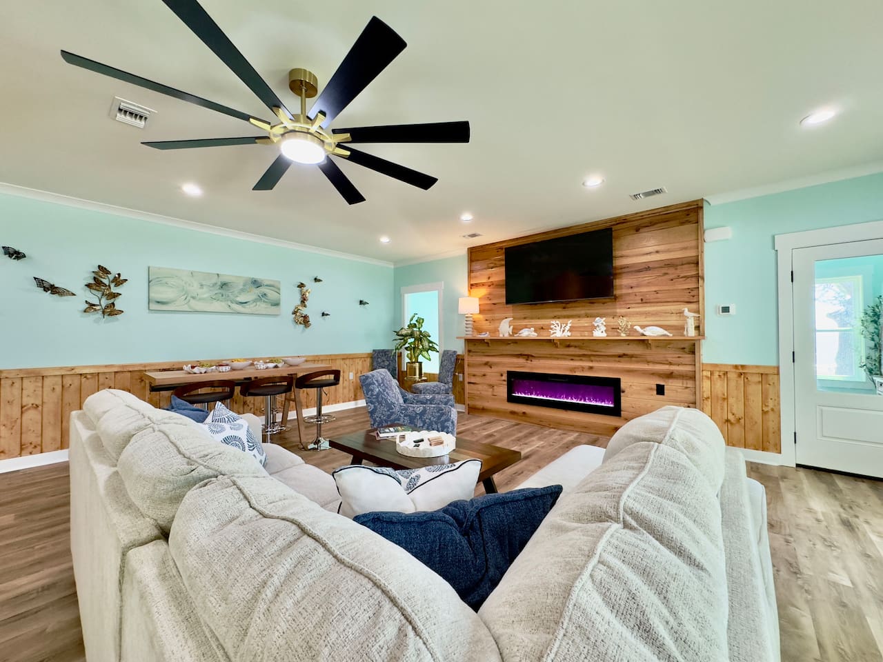 Our bright lounge offers comfort, charm, and a glowing fire.