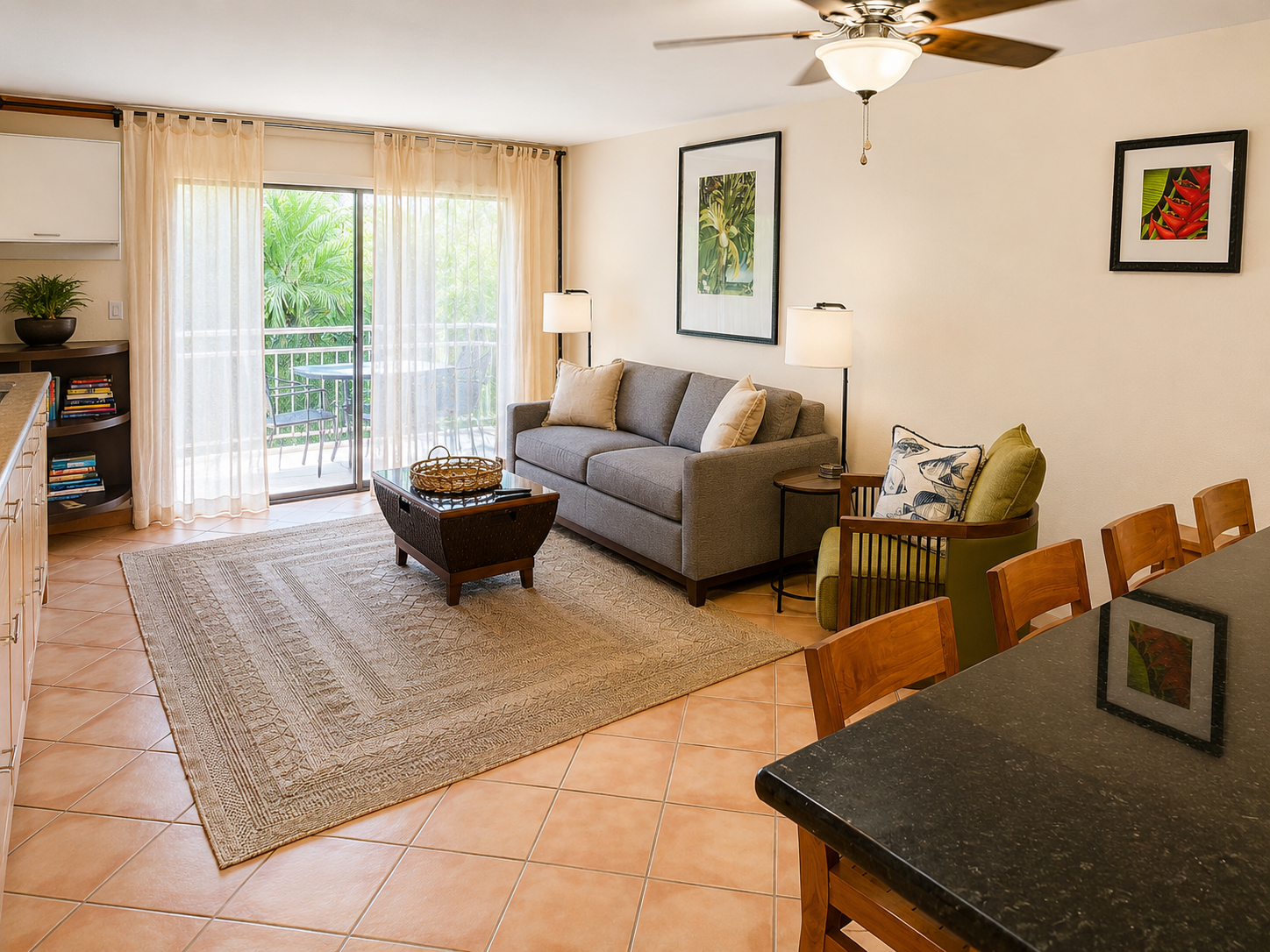 Comfy living room with a tropical nirvana right outside!