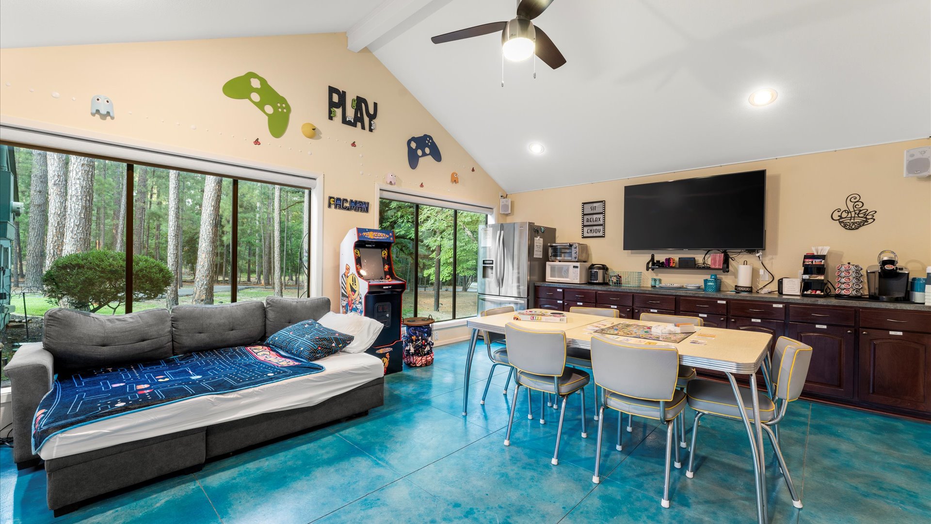 The couch in the Bonus Room easily converts into a comfortable bed, perfect for extra guests or a cozy movie-night sleepover!