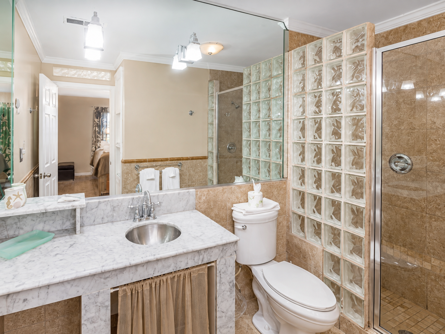Walk-in shower, plenty of counter space