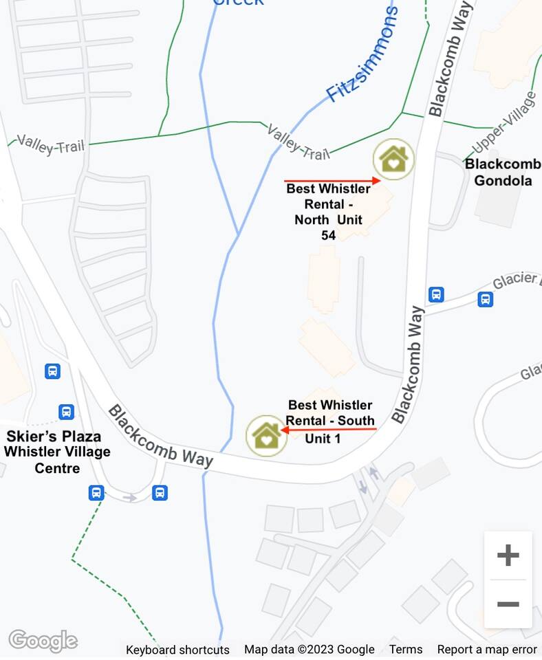 Location of Best Whistler Rentals between Whistler and Blackcomb Mountains. 
South townhome is next to Fitzsimmons Creek next to Skier’s Plaza, North townhome is 100 meters from Blackcomb Gondola 